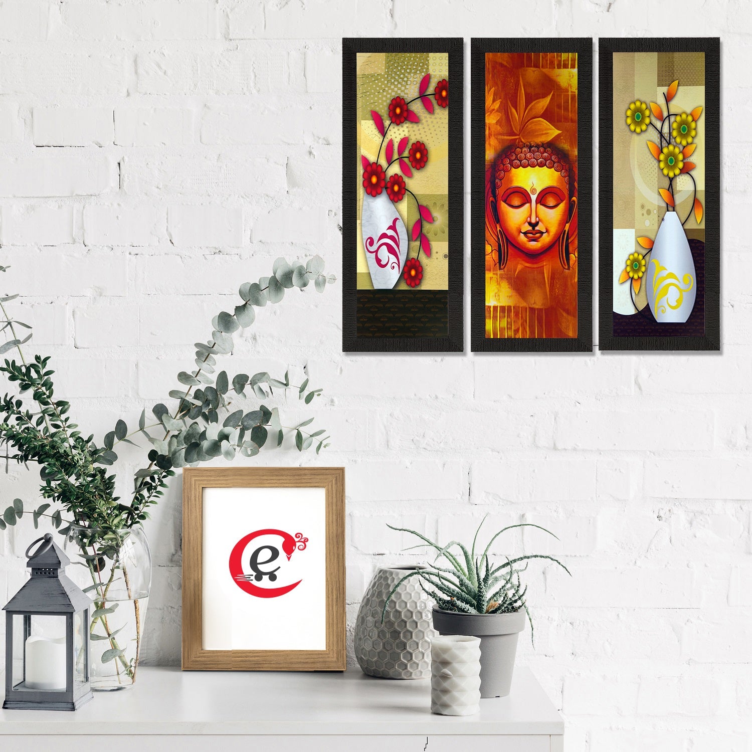 Set Of 3 Lord Buddha and Botanical Floral Satin Matt Texture UV Art Painting Kafalo