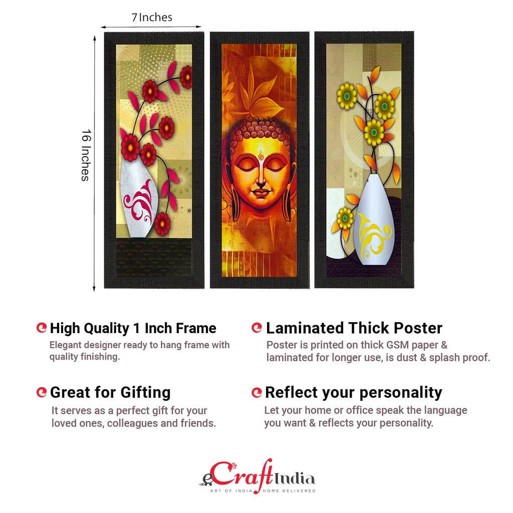 Set Of 3 Lord Buddha and Botanical Floral Satin Matt Texture UV Art Painting Kafalo