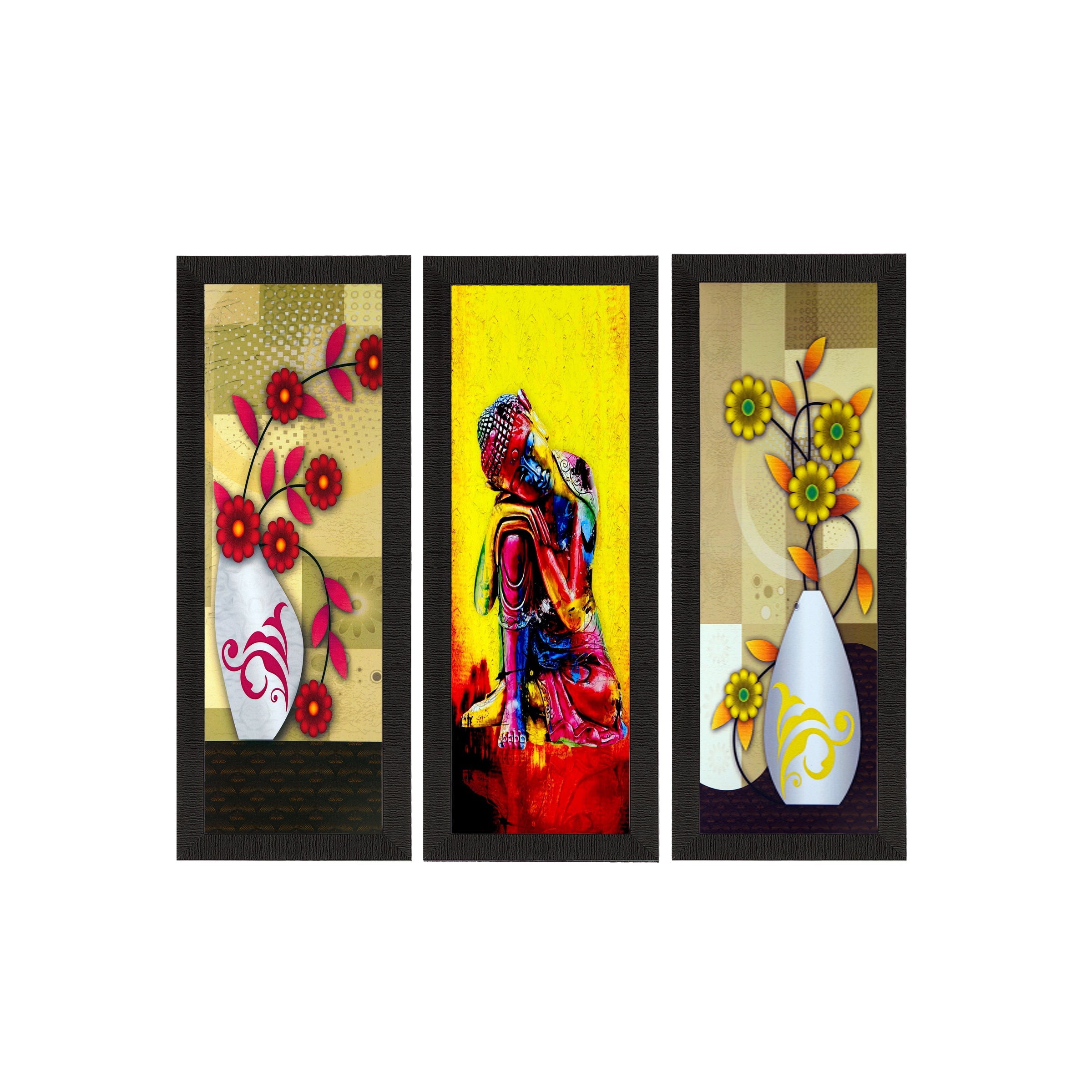Set Of 3 Lord Buddha and Botanical Floral Satin Matt Texture UV Art Painting Kafalo
