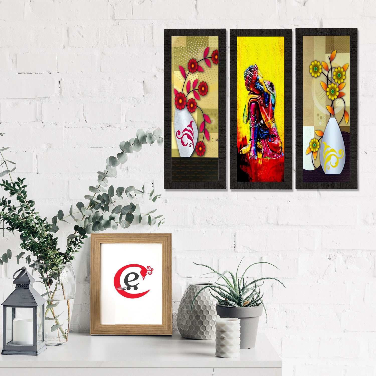 Set Of 3 Lord Buddha and Botanical Floral Satin Matt Texture UV Art Painting Kafalo