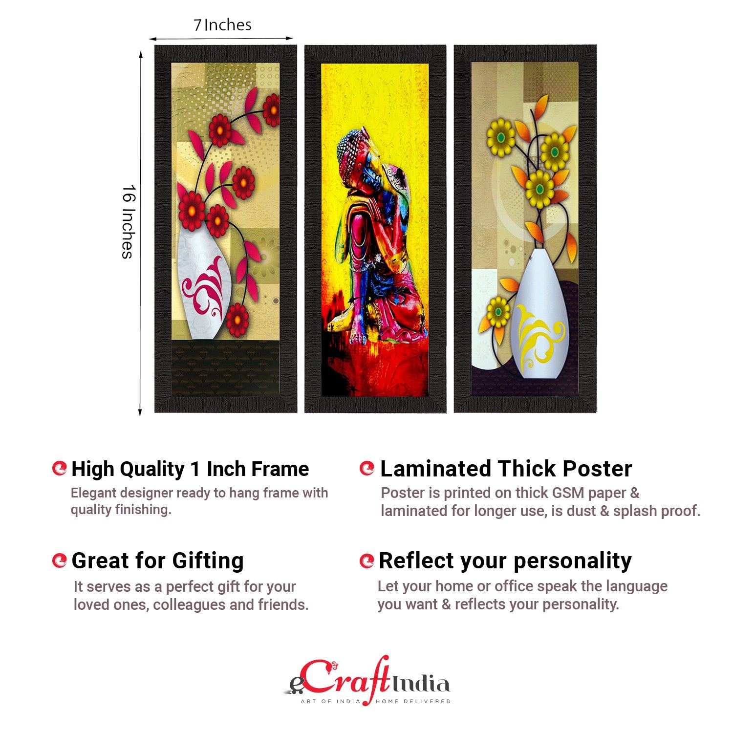 Set Of 3 Lord Buddha and Botanical Floral Satin Matt Texture UV Art Painting Kafalo