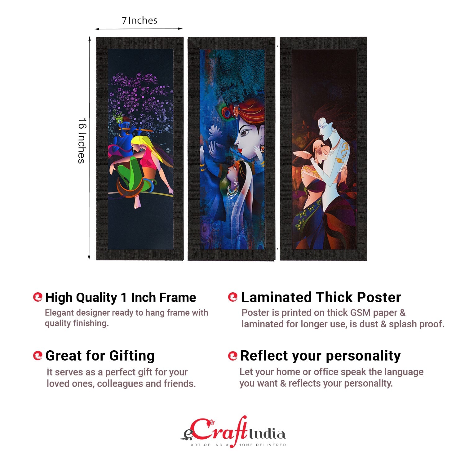 Set Of 3 Radha Krishna Satin Matt Texture UV Art Painting Kafalo