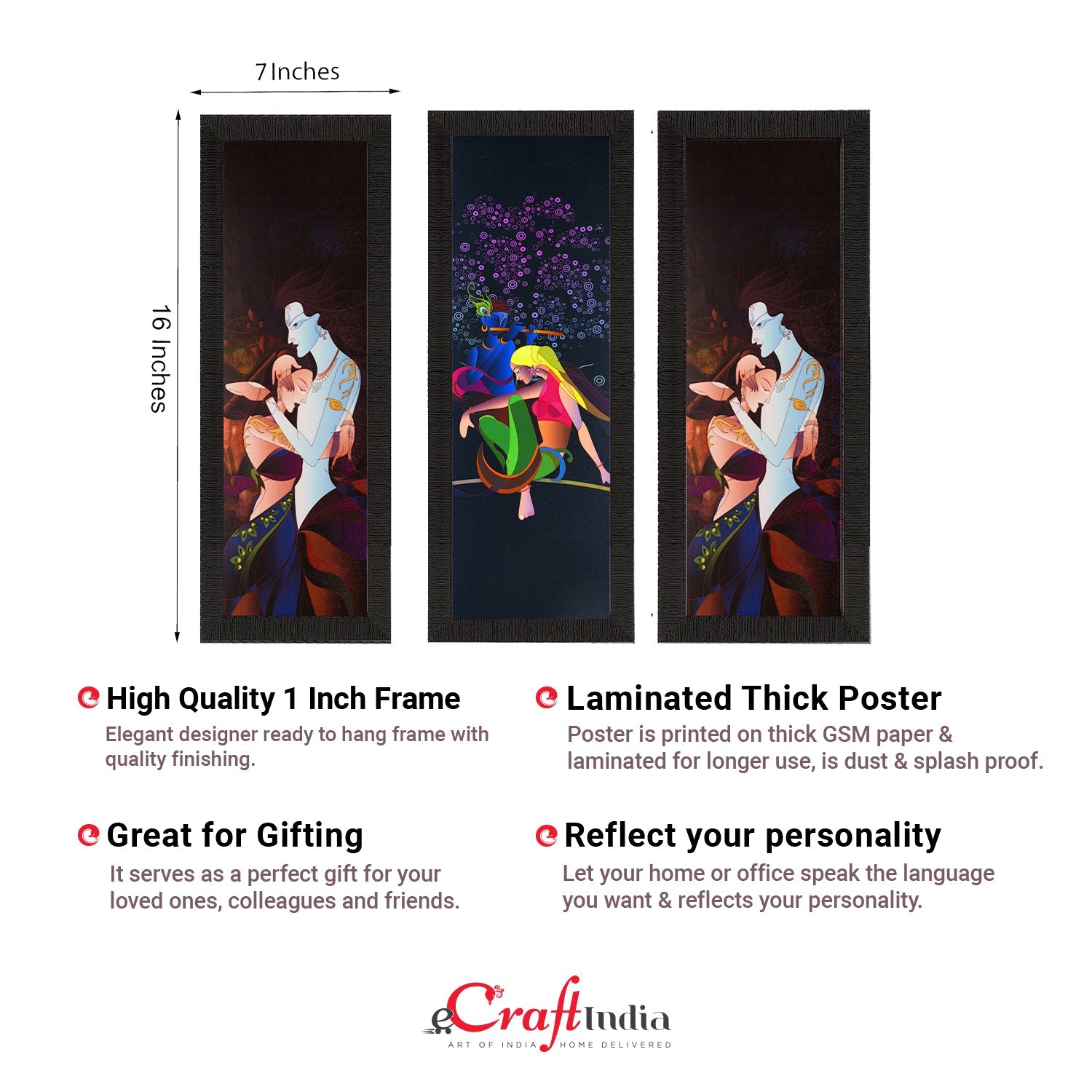 Set Of 3 Radha Krishna Satin Matt Texture UV Art Painting Kafalo