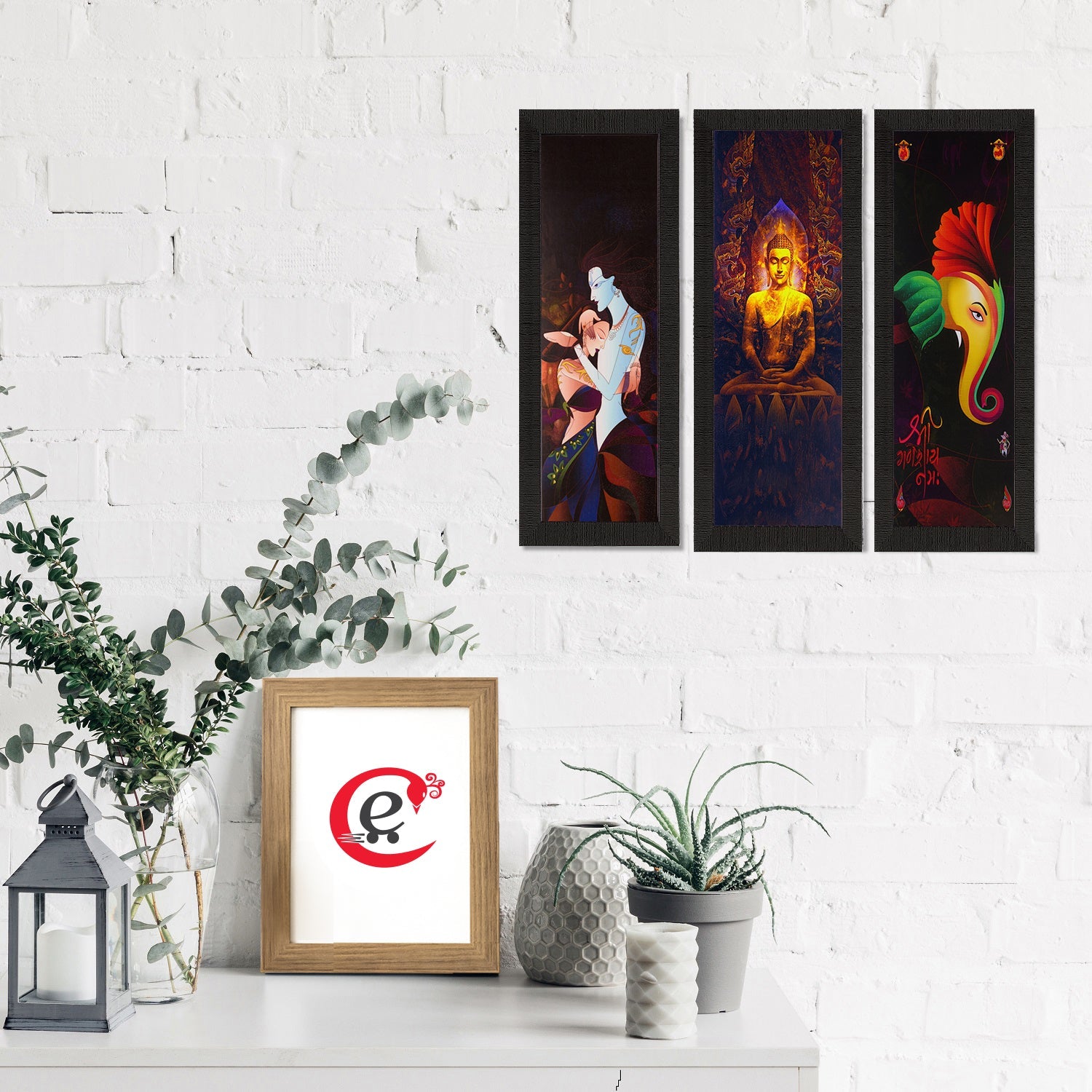 Set Of 3 Radha Krishna, Ganesha, Buddha Satin Matt Texture UV Art Painting Kafalo