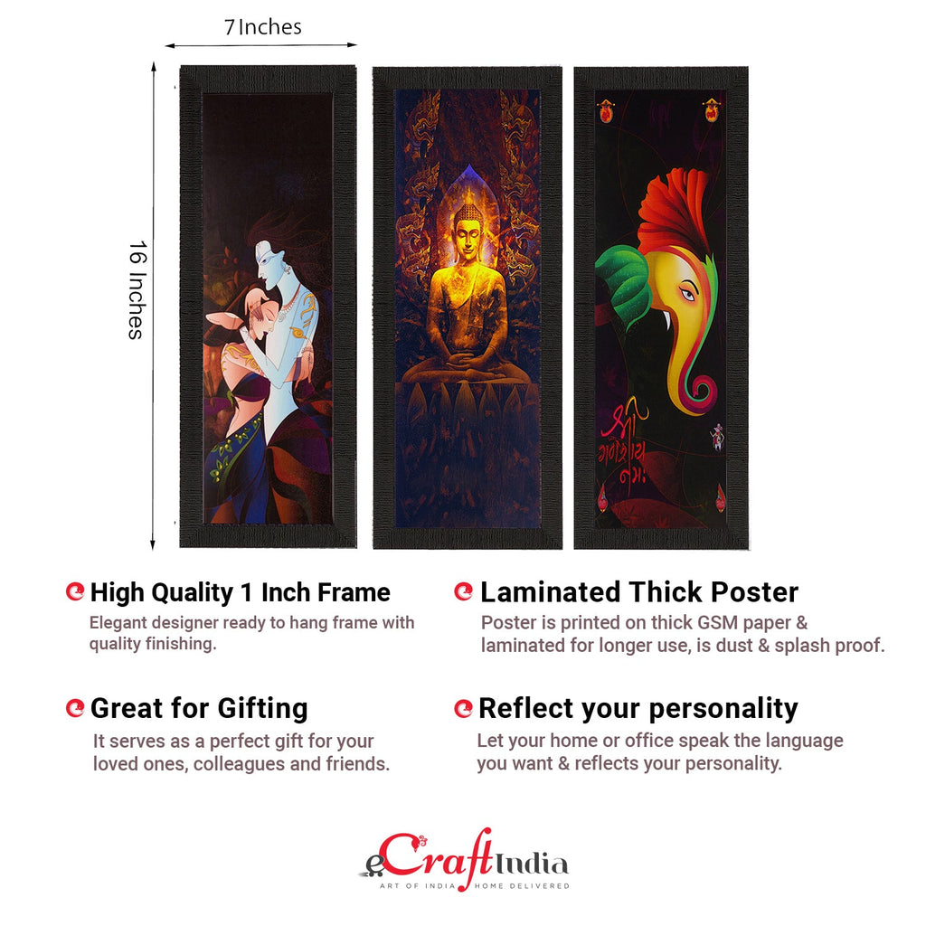 Set Of 3 Radha Krishna, Ganesha, Buddha Satin Matt Texture UV Art Painting Kafalo