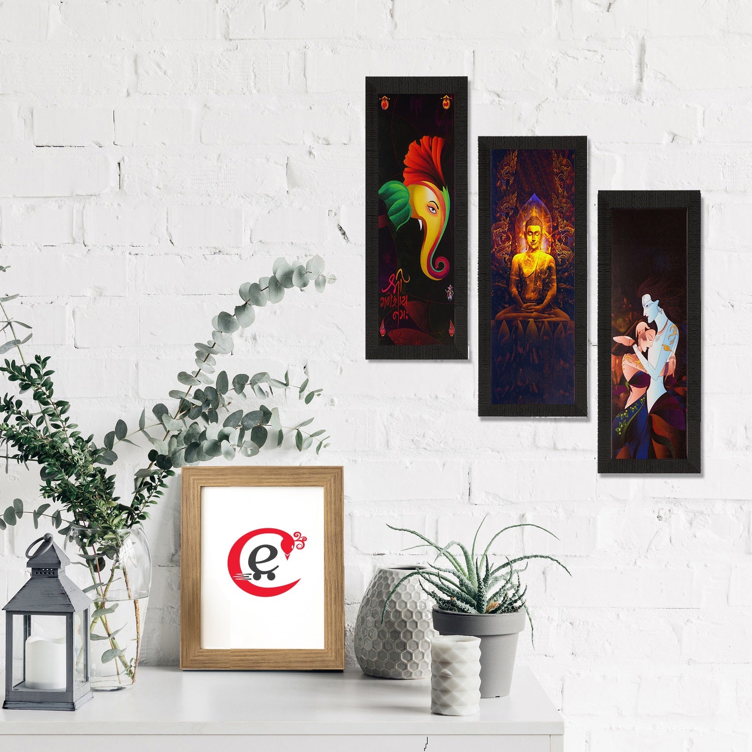 Set Of 3 Radha Krishna, Ganesha, Buddha Satin Matt Texture UV Art Painting Kafalo
