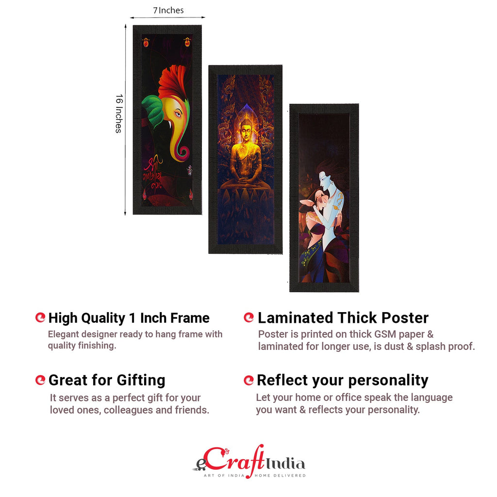Set Of 3 Radha Krishna, Ganesha, Buddha Satin Matt Texture UV Art Painting Kafalo