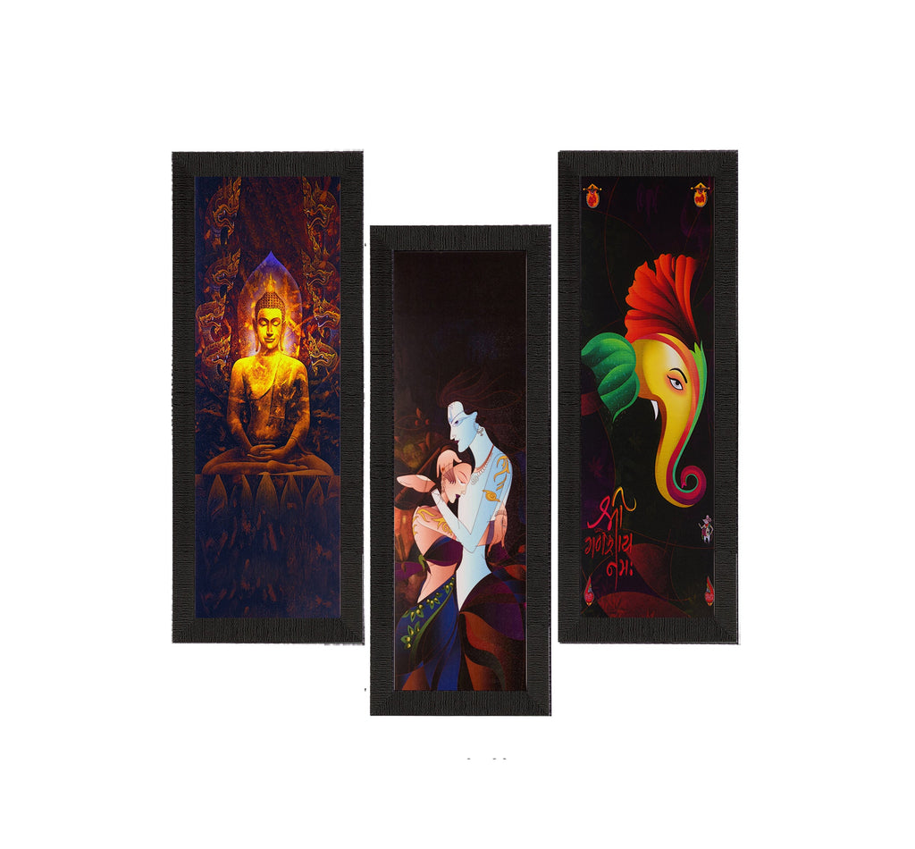Set Of 3 Radha Krishna, Ganesha, Buddha Satin Matt Texture UV Art Painting Kafalo