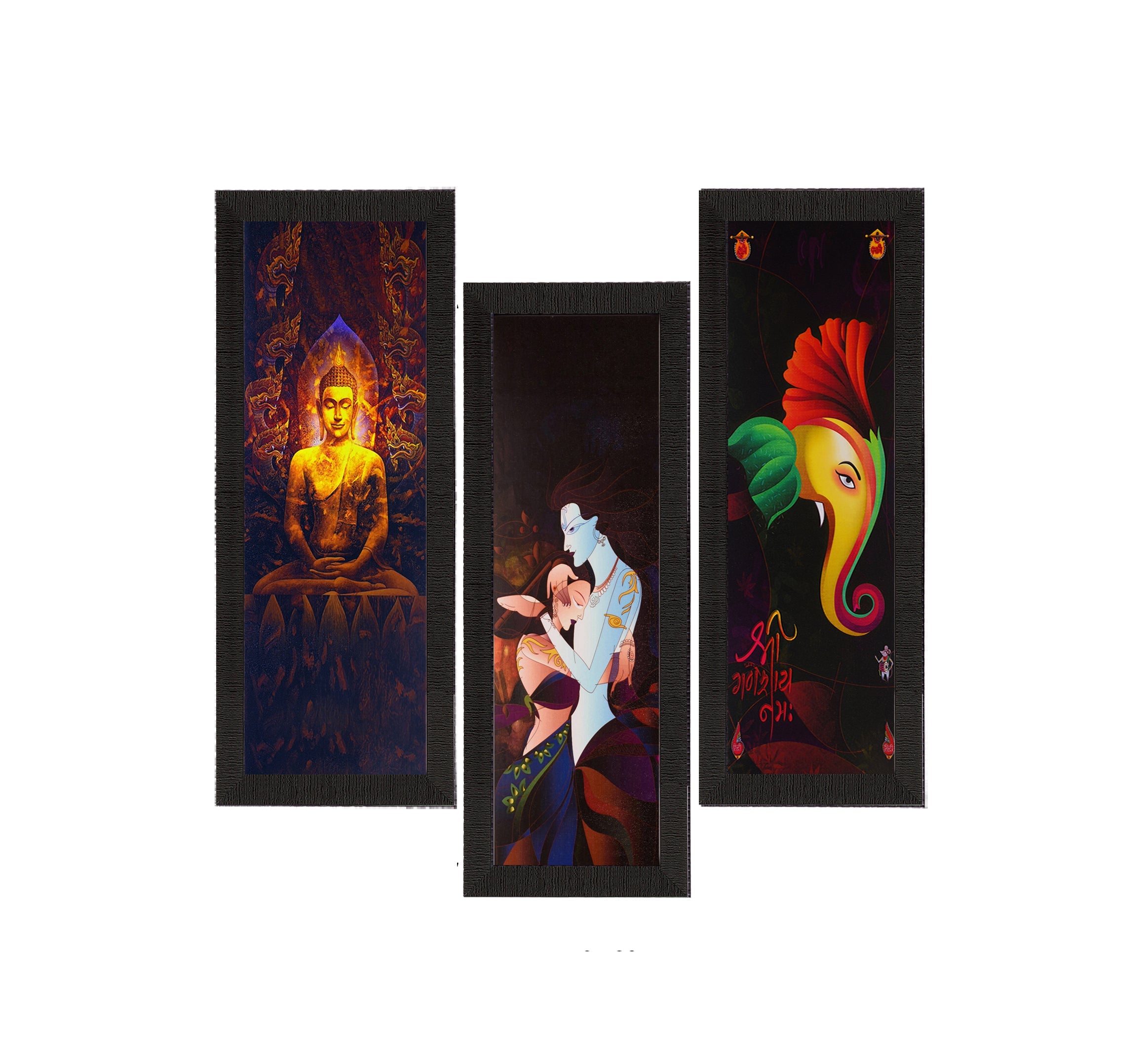 Set Of 3 Radha Krishna, Ganesha, Buddha Satin Matt Texture UV Art Painting Kafalo