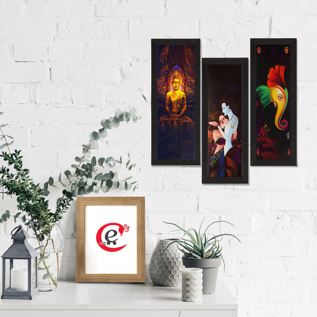 Set Of 3 Radha Krishna, Ganesha, Buddha Satin Matt Texture UV Art Painting Kafalo