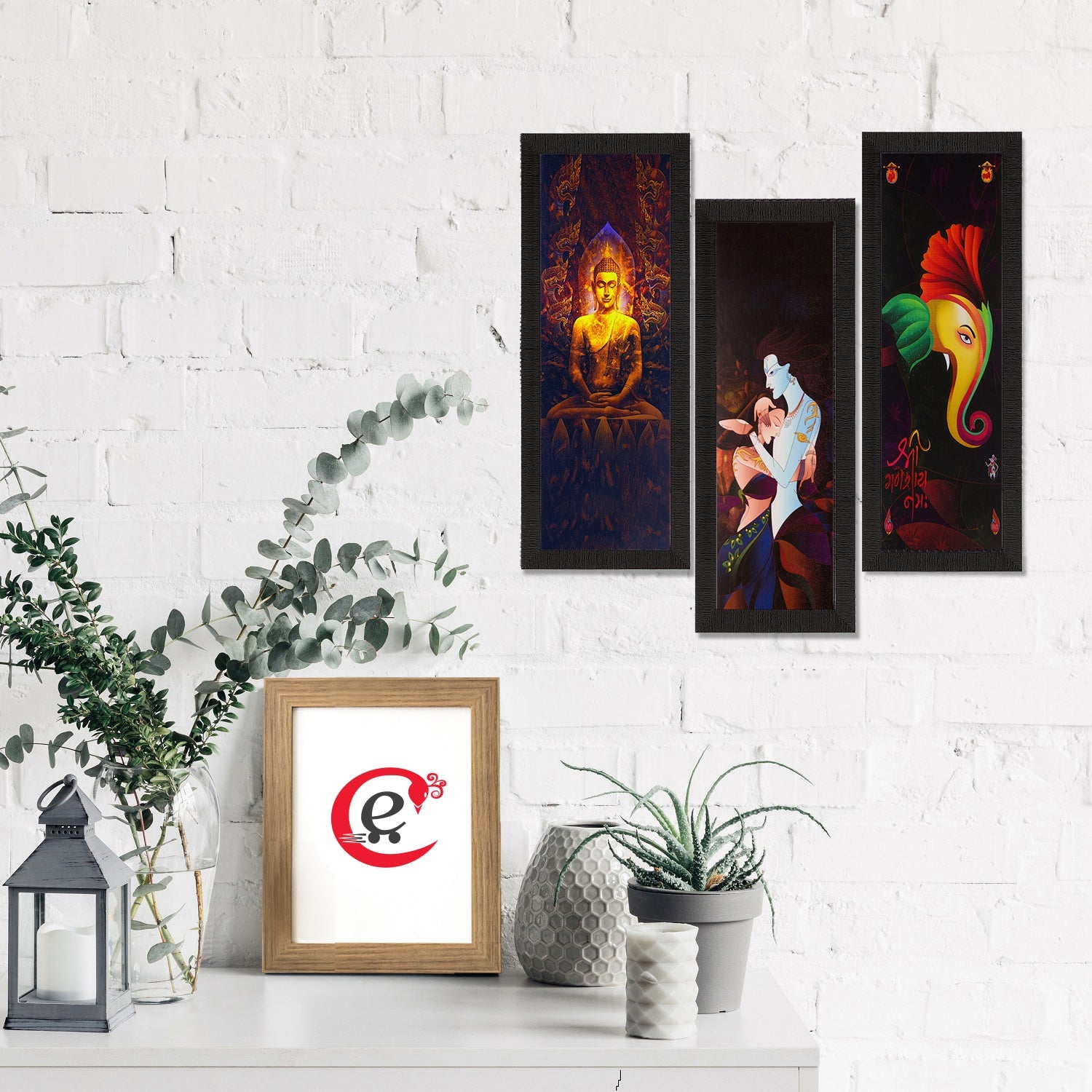 Set Of 3 Radha Krishna, Ganesha, Buddha Satin Matt Texture UV Art Painting Kafalo