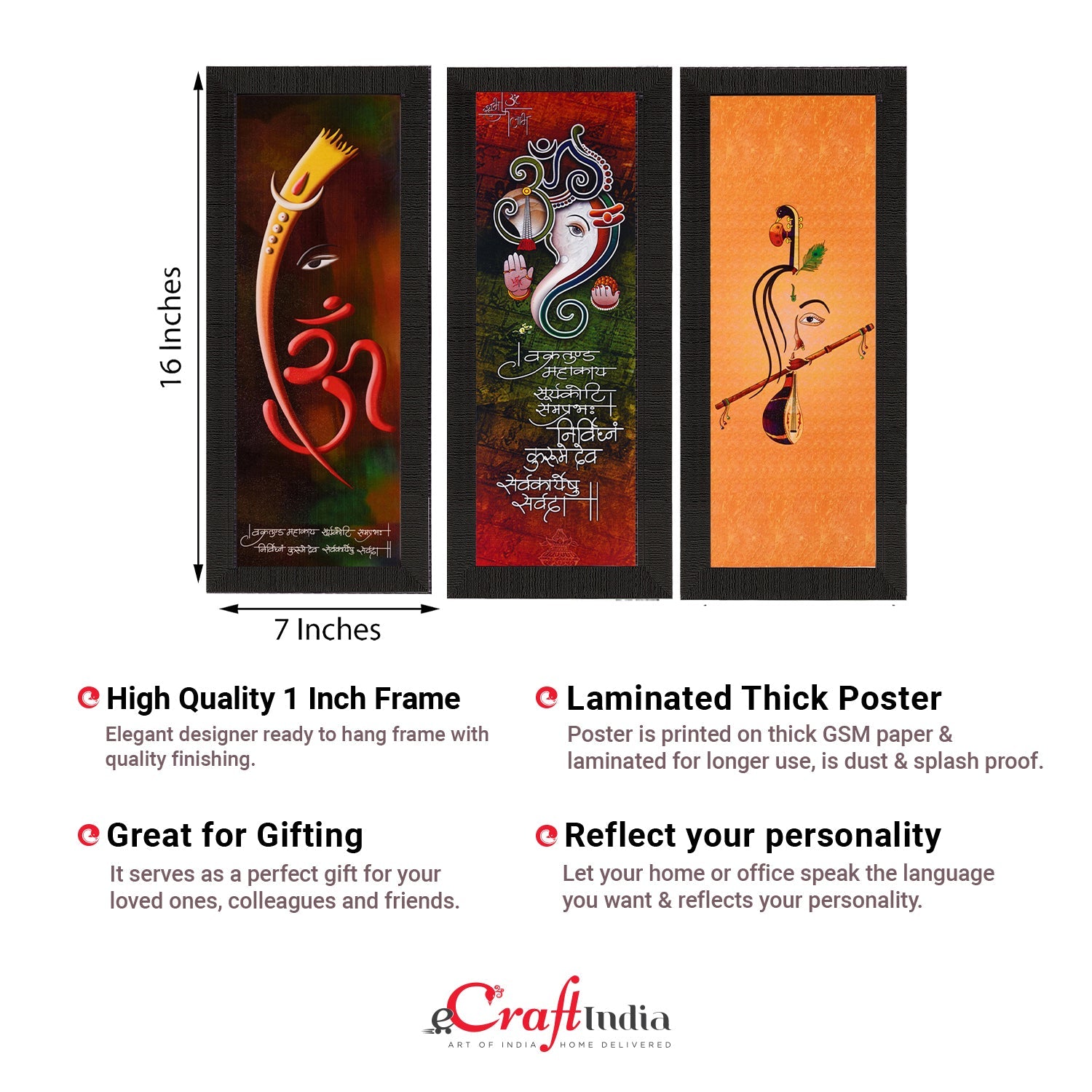 Set Of 3 Ganesha & Krishna Lord Buddha Satin Matt Texture UV Art Painting Kafalo