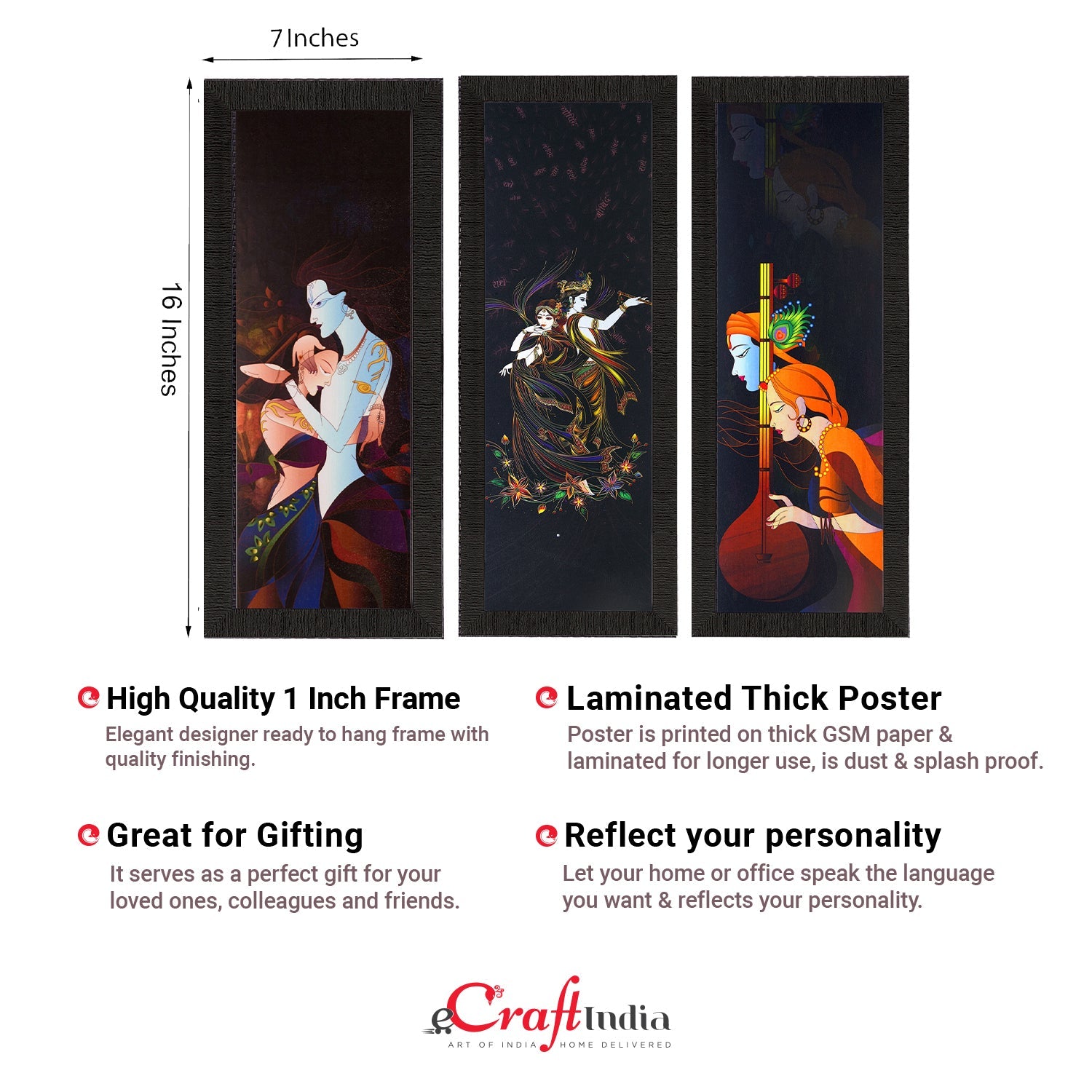 Set Of 3 Radha Krishna Satin Matt Texture UV Art Painting Kafalo