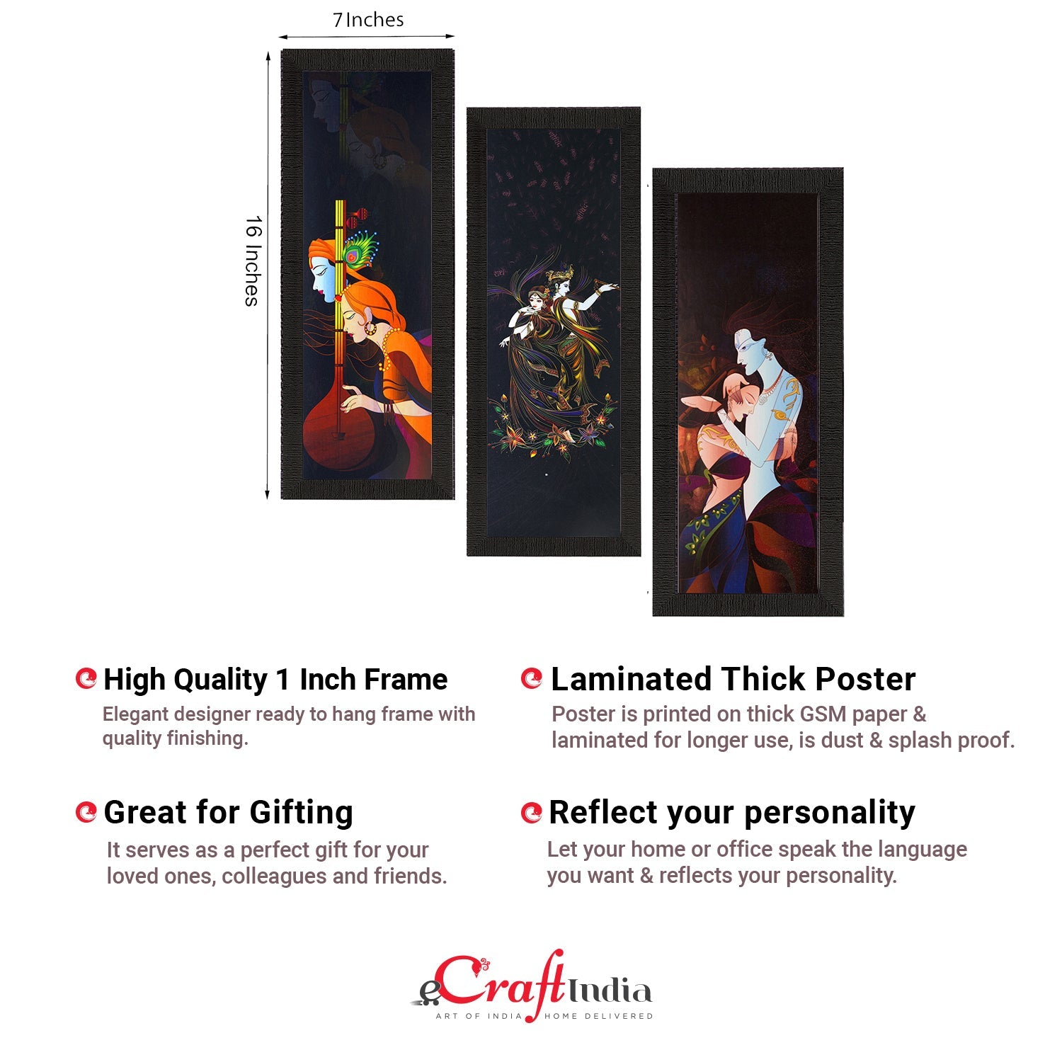 Set Of 3 Radha Krishna Satin Matt Texture UV Art Painting Kafalo