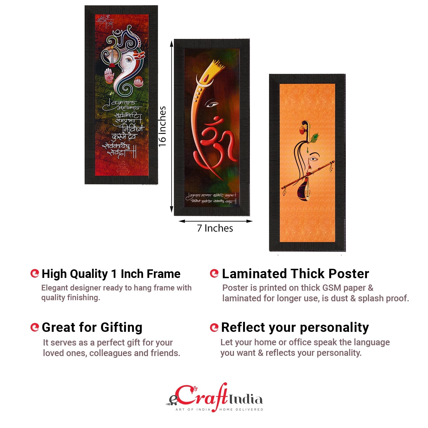 Set Of 3 Ganesha & Krishna Lord Buddha Satin Matt Texture UV Art Painting Kafalo