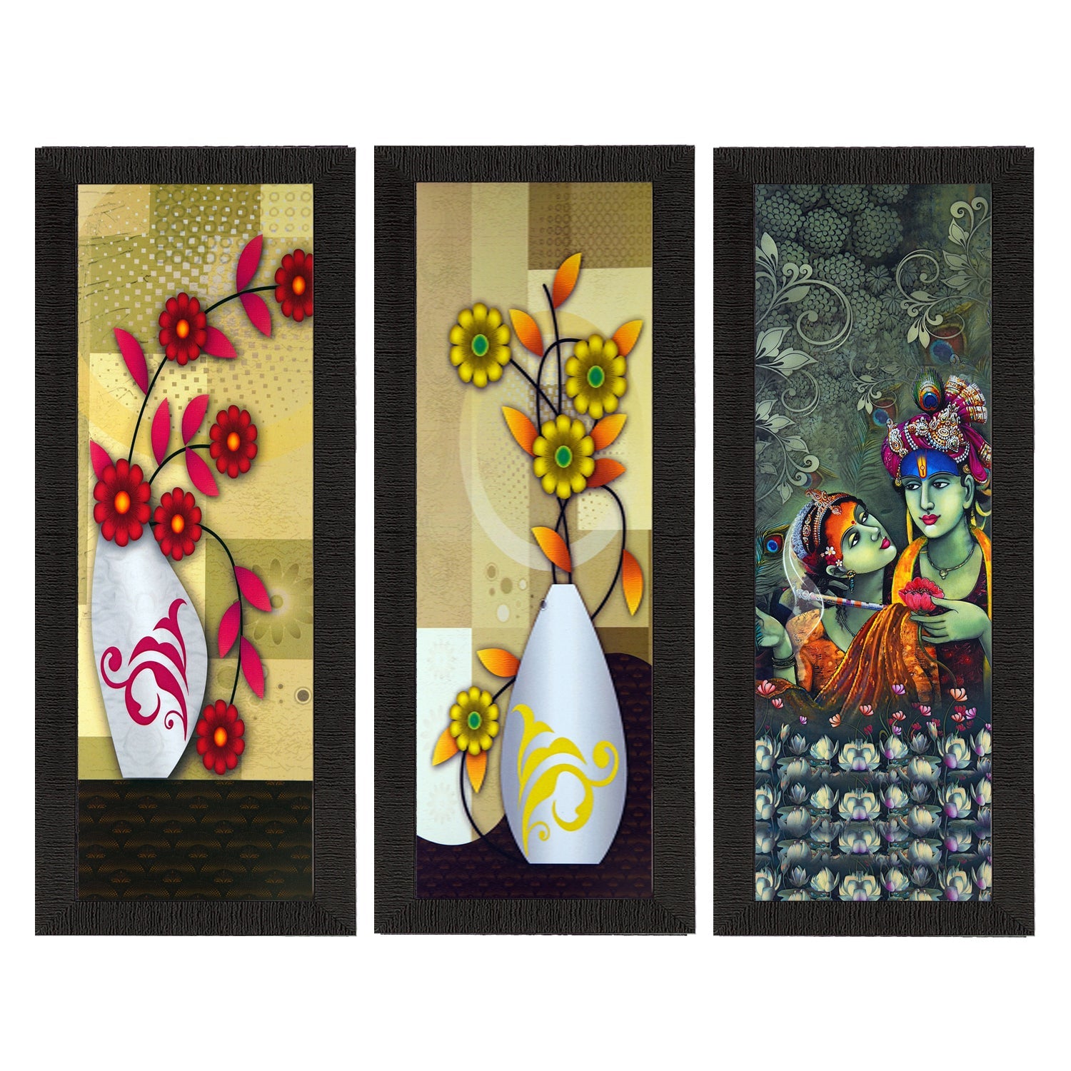 Set Of 3 Radha Krishna and Botanical Satin Matt Texture UV Art Painting Kafalo