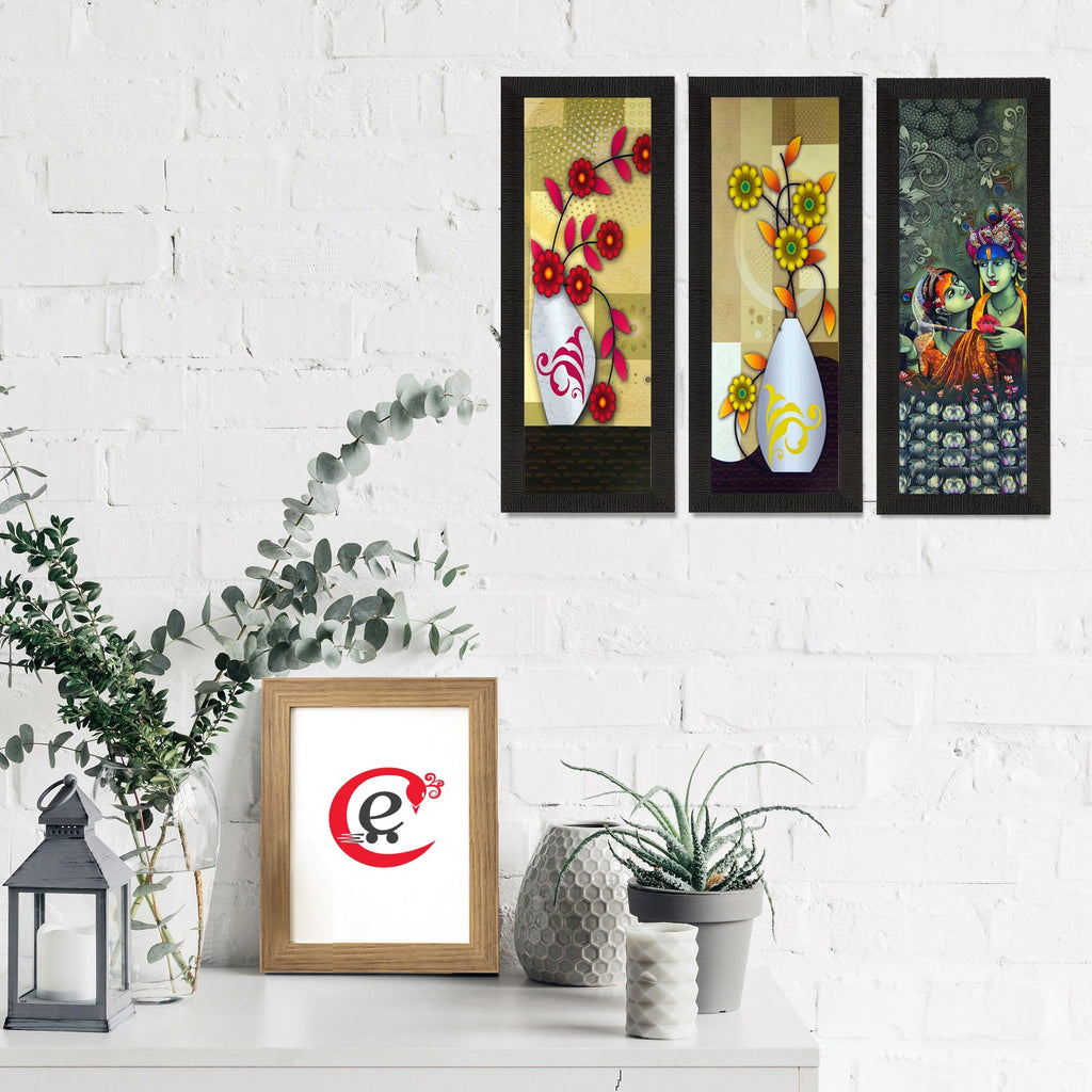 Set Of 3 Radha Krishna and Botanical Satin Matt Texture UV Art Painting Kafalo