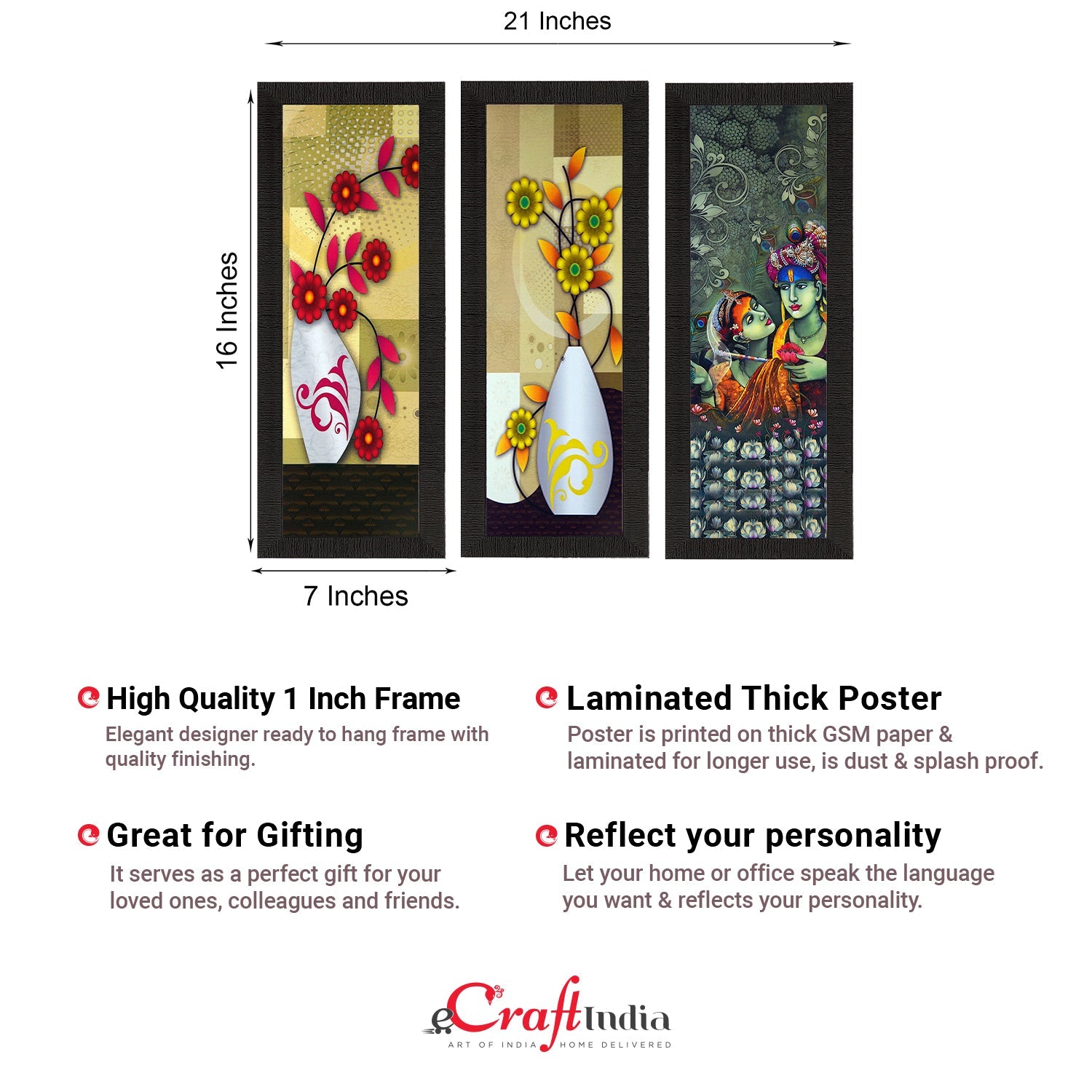 Set Of 3 Radha Krishna and Botanical Satin Matt Texture UV Art Painting Kafalo