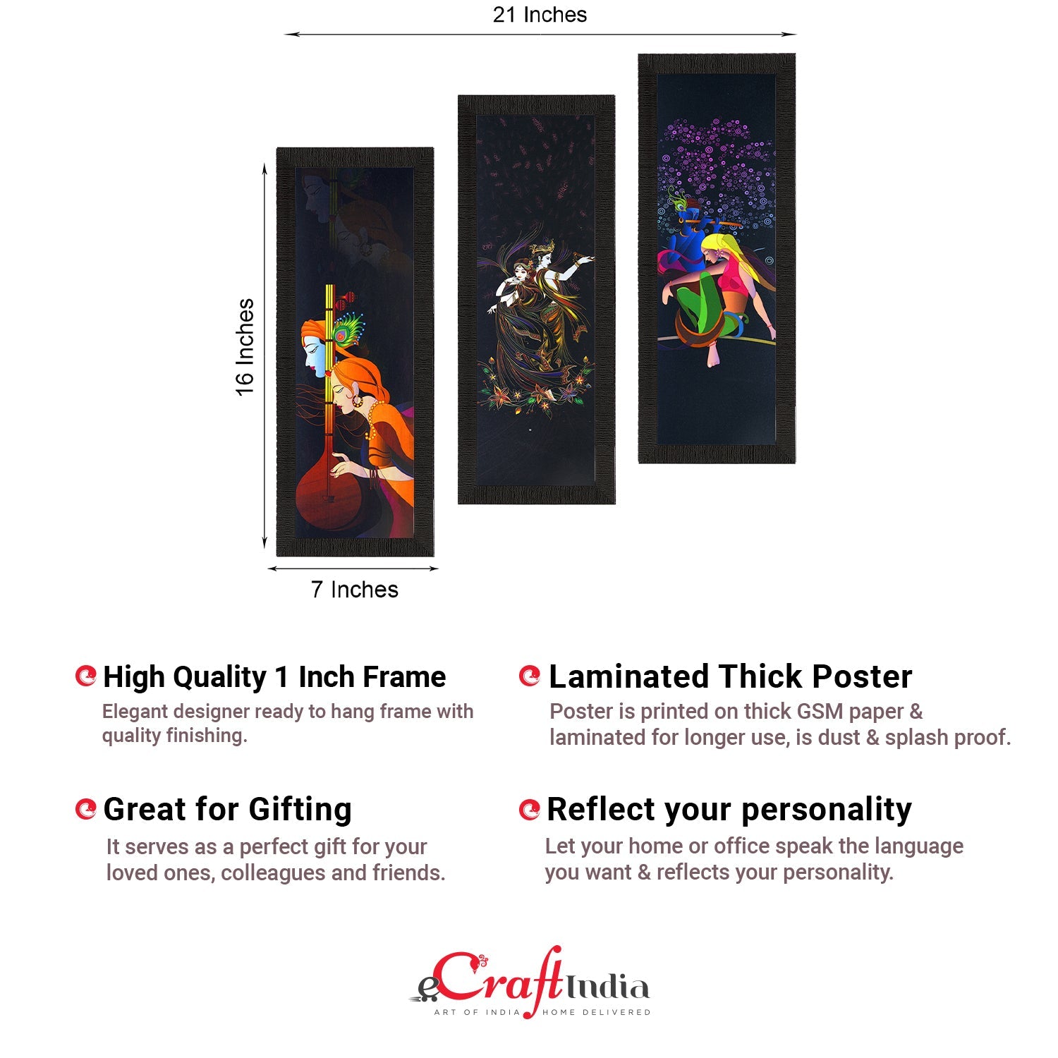 Set Of 3 Radha Krishna Satin Matt Texture UV Art Painting Kafalo