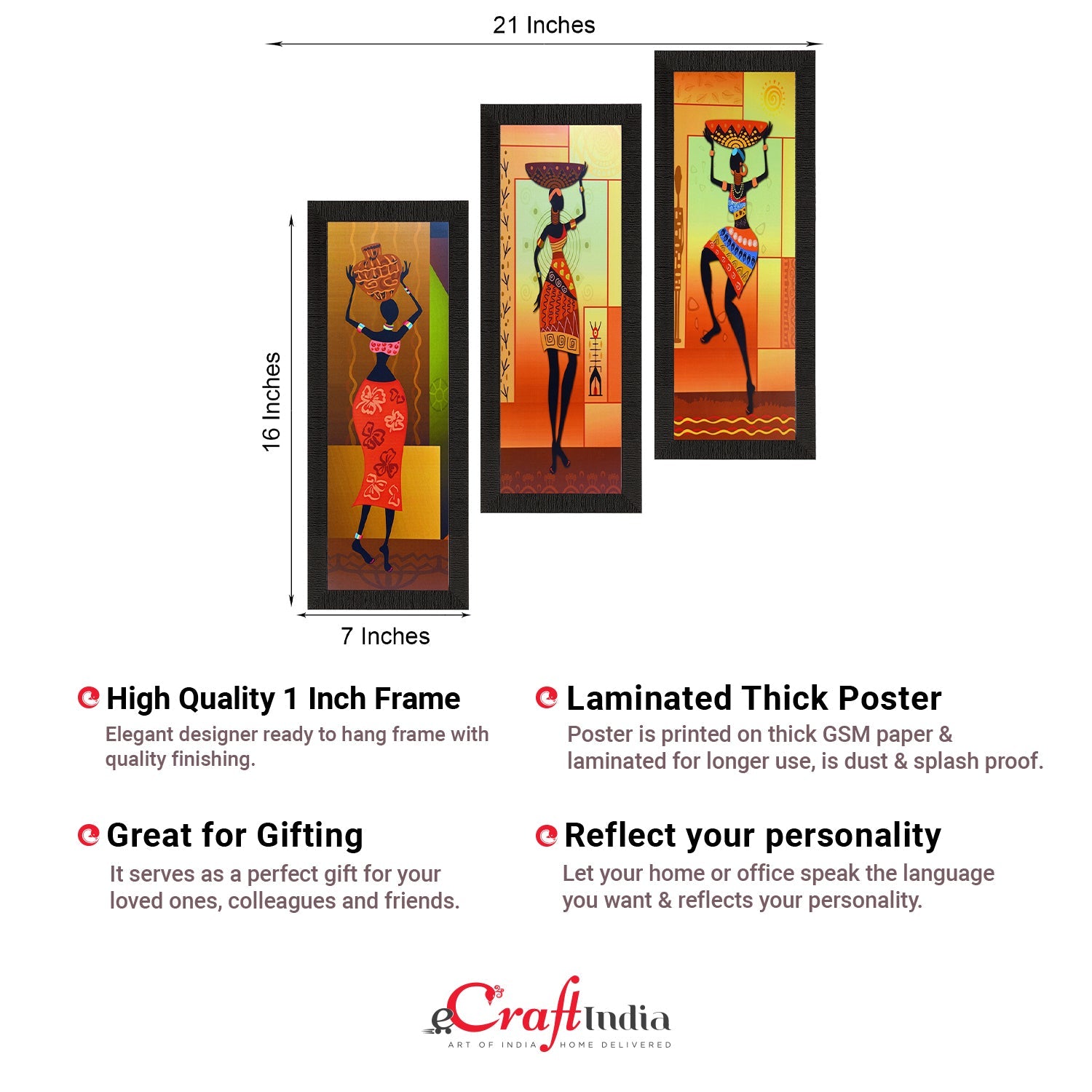 Set of 3 Tribal Lady Satin Matt Texture UV Art Painting Kafalo