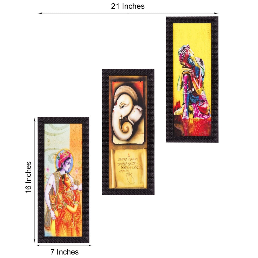 Set Of 3 Radha Krishna, Ganesha, Buddha Satin Matt Texture UV Art Painting Kafalo