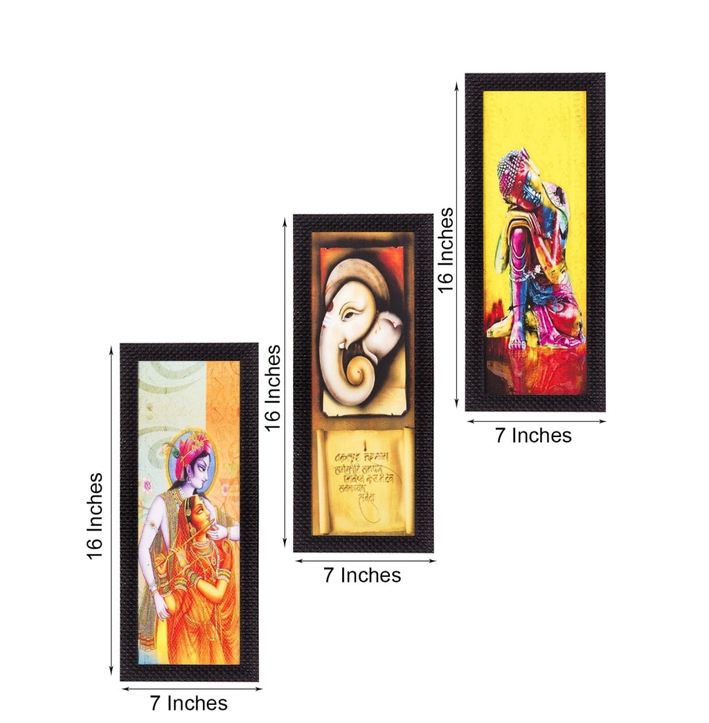 Set Of 3 Radha Krishna, Ganesha, Buddha Satin Matt Texture UV Art Painting Kafalo