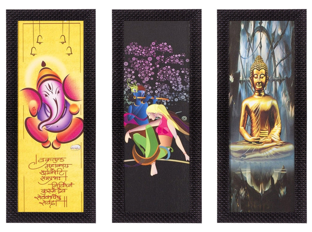 Set Of 3 Radha Krishna, Ganesha, Buddha Satin Matt Texture UV Art Painting Kafalo