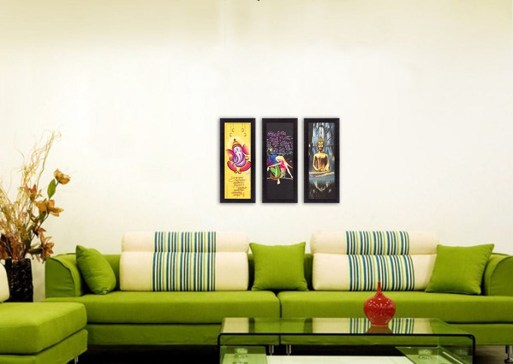 Set Of 3 Radha Krishna, Ganesha, Buddha Satin Matt Texture UV Art Painting Kafalo