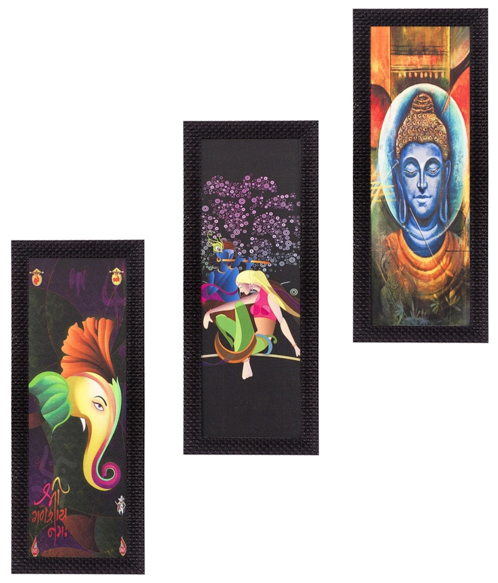 Set Of 3 Radha Krishna, Ganesha, Buddha Satin Matt Texture UV Art Painting Kafalo