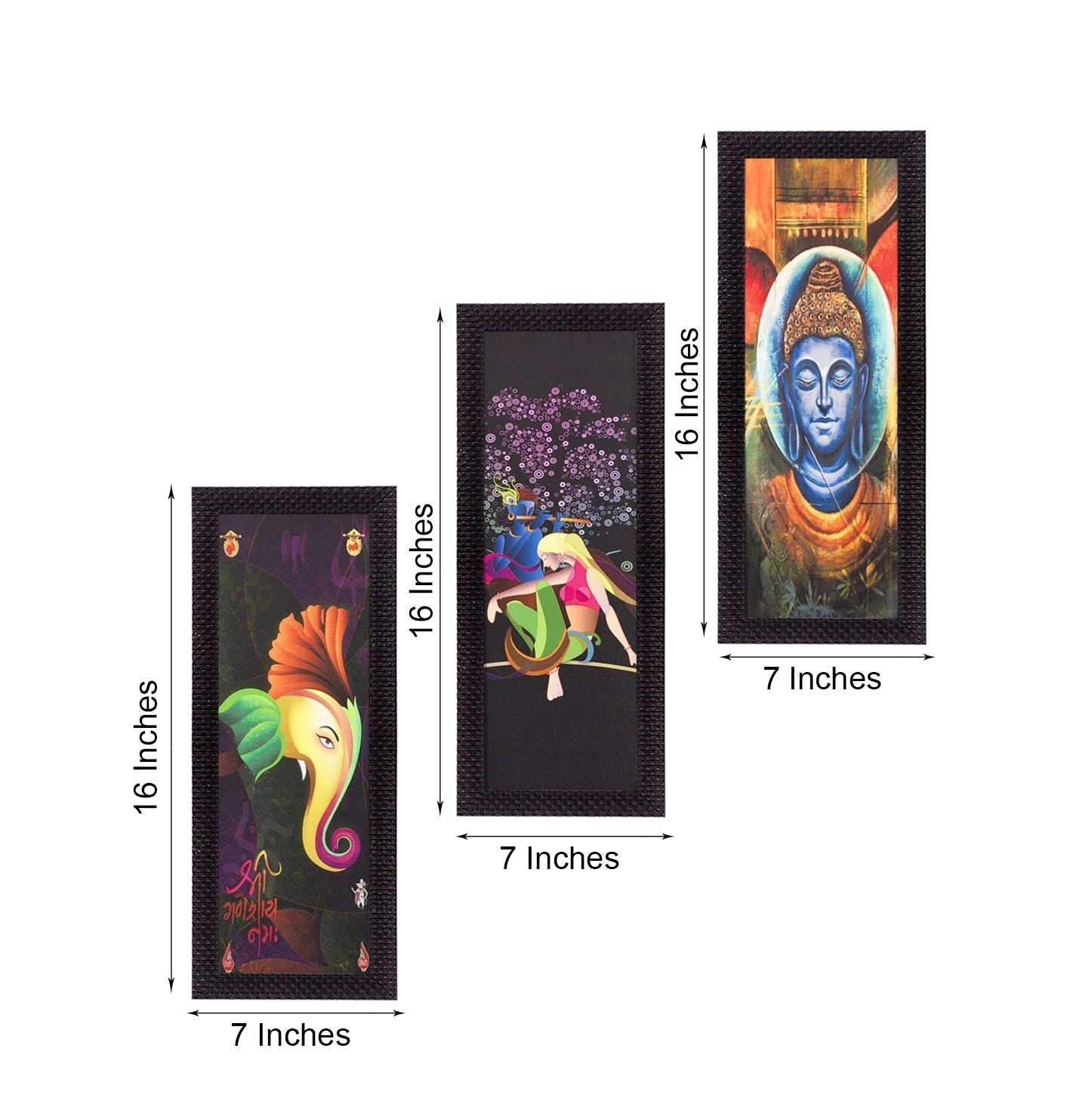 Set Of 3 Radha Krishna, Ganesha, Buddha Satin Matt Texture UV Art Painting Kafalo