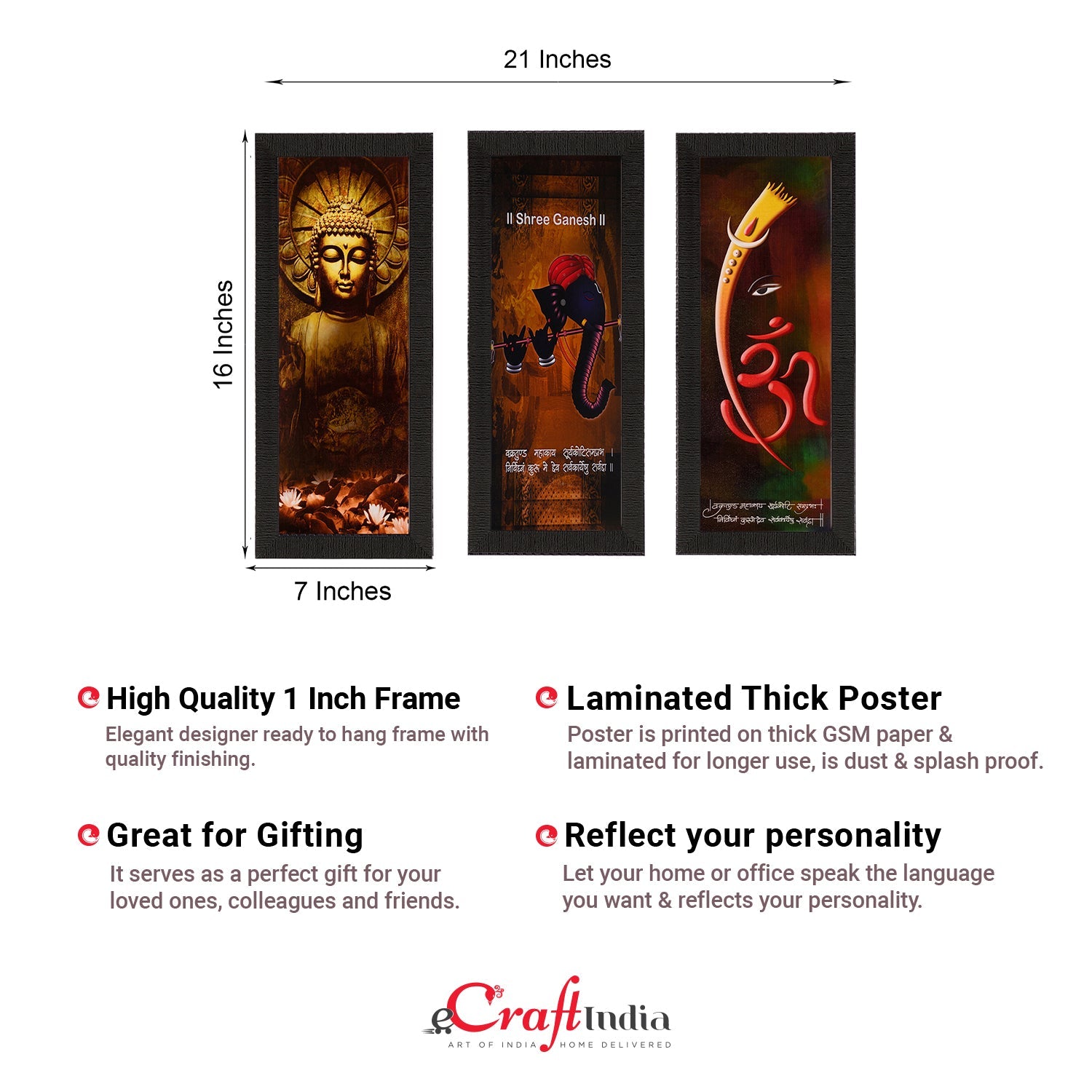 Set Of 3 Ganesha & Buddha Satin Matt Texture UV Art Painting Kafalo