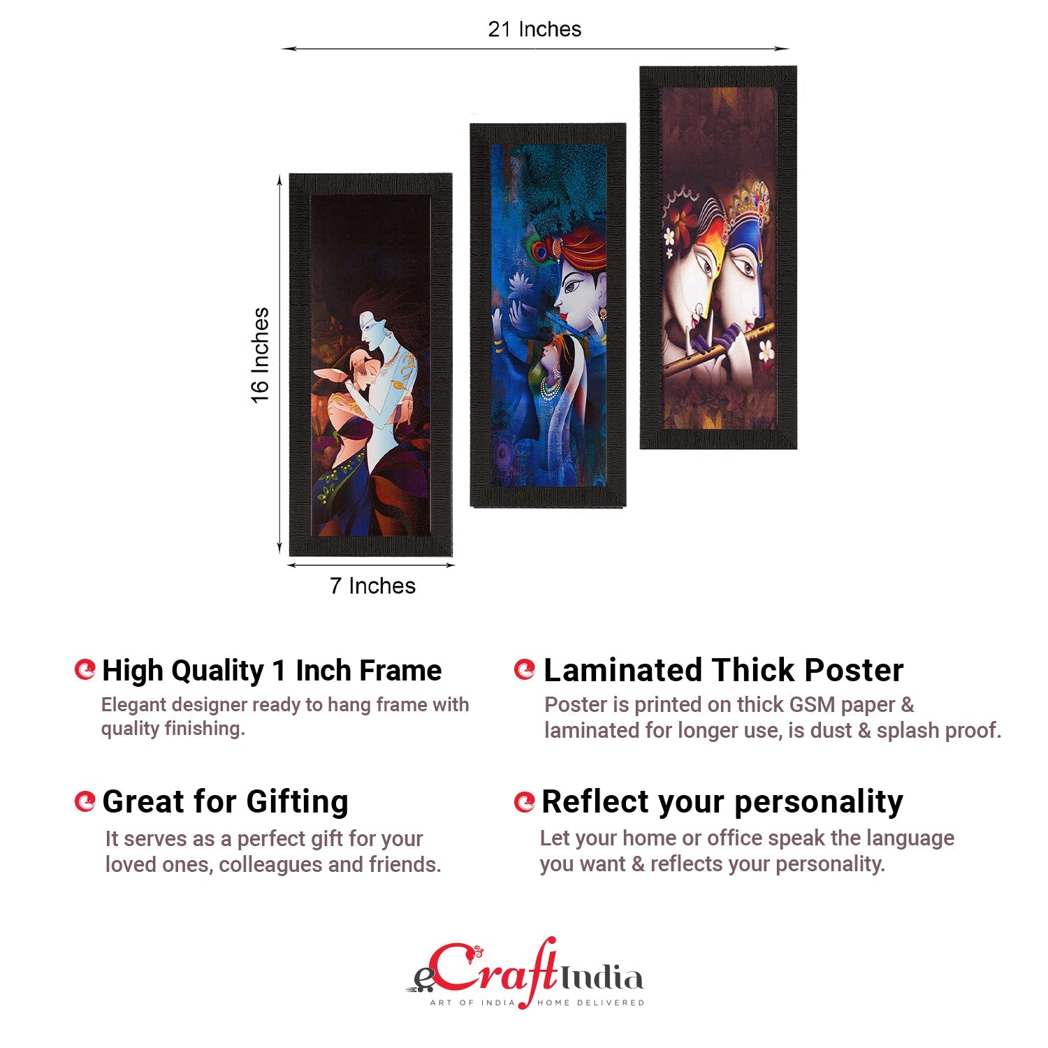 Set Of 3 Radha Krishna Satin Matt Texture UV Art Painting Kafalo