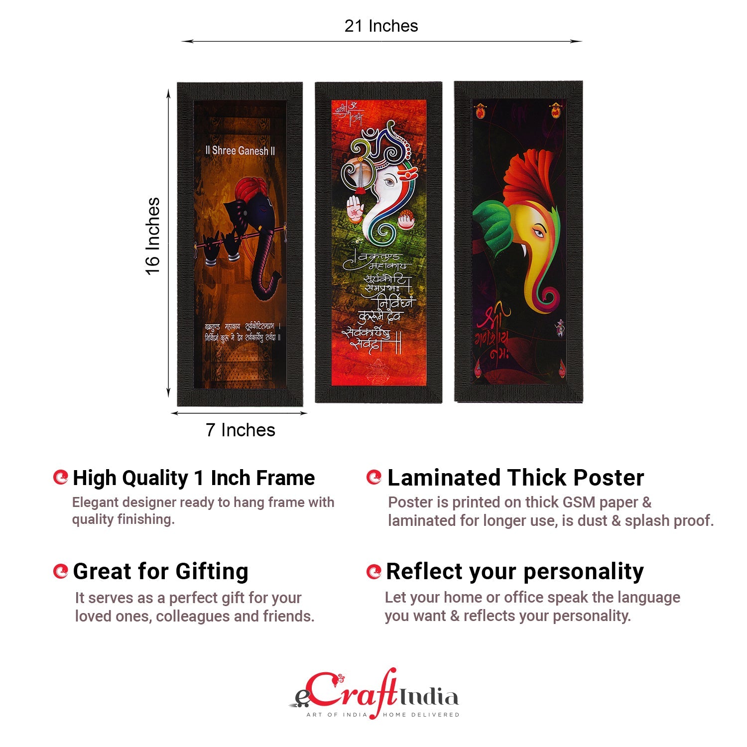 Set Of 3 Lord Ganesha Satin Matt Texture UV Art Painting Kafalo