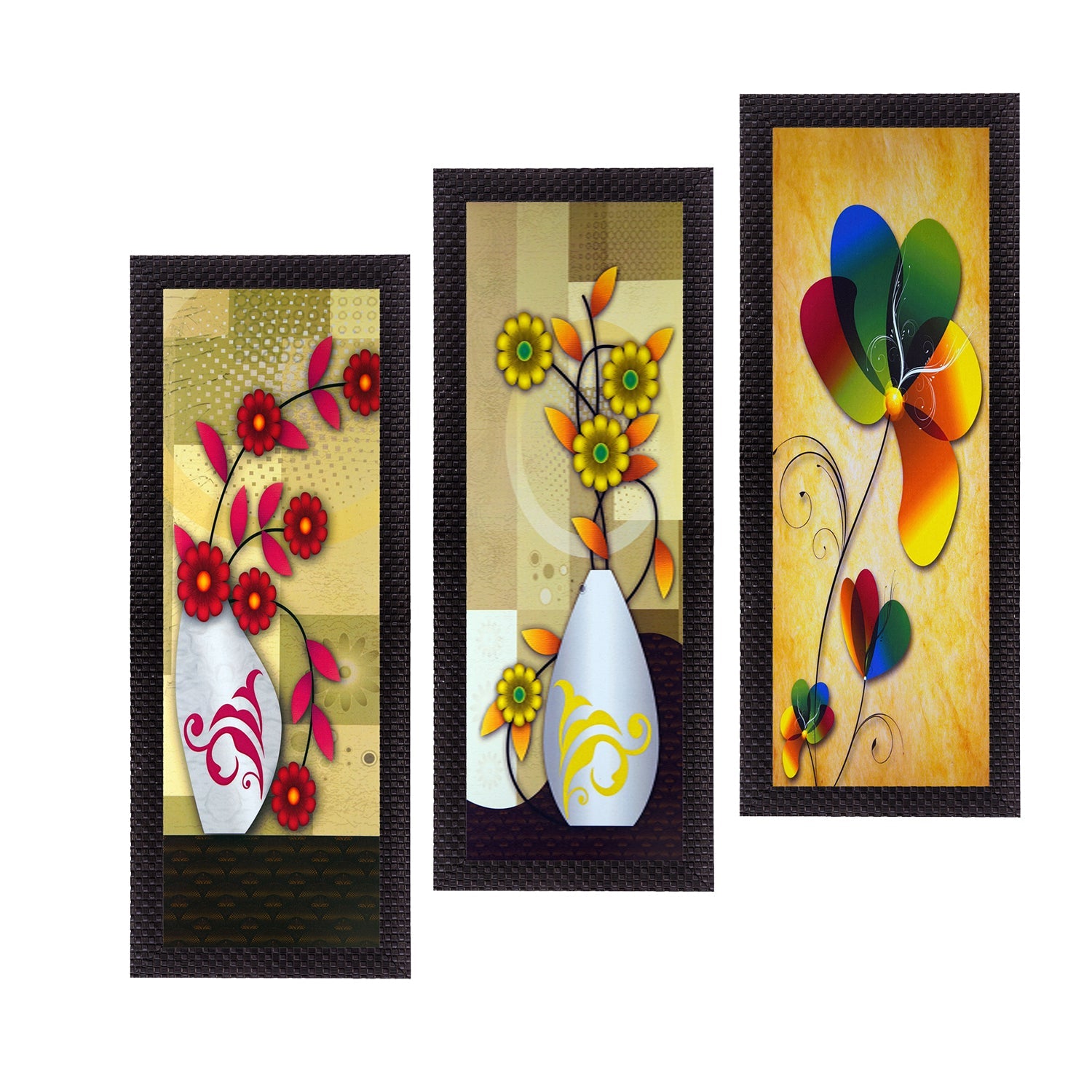 Set Of 3 Decorative Floral Botanical Pot Satin Matt Texture UV Art Painting Kafalo