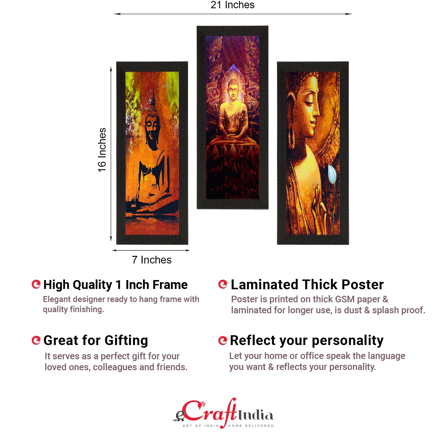 Set Of 3 Lord Buddha Satin Matt Texture UV Art Painting Kafalo