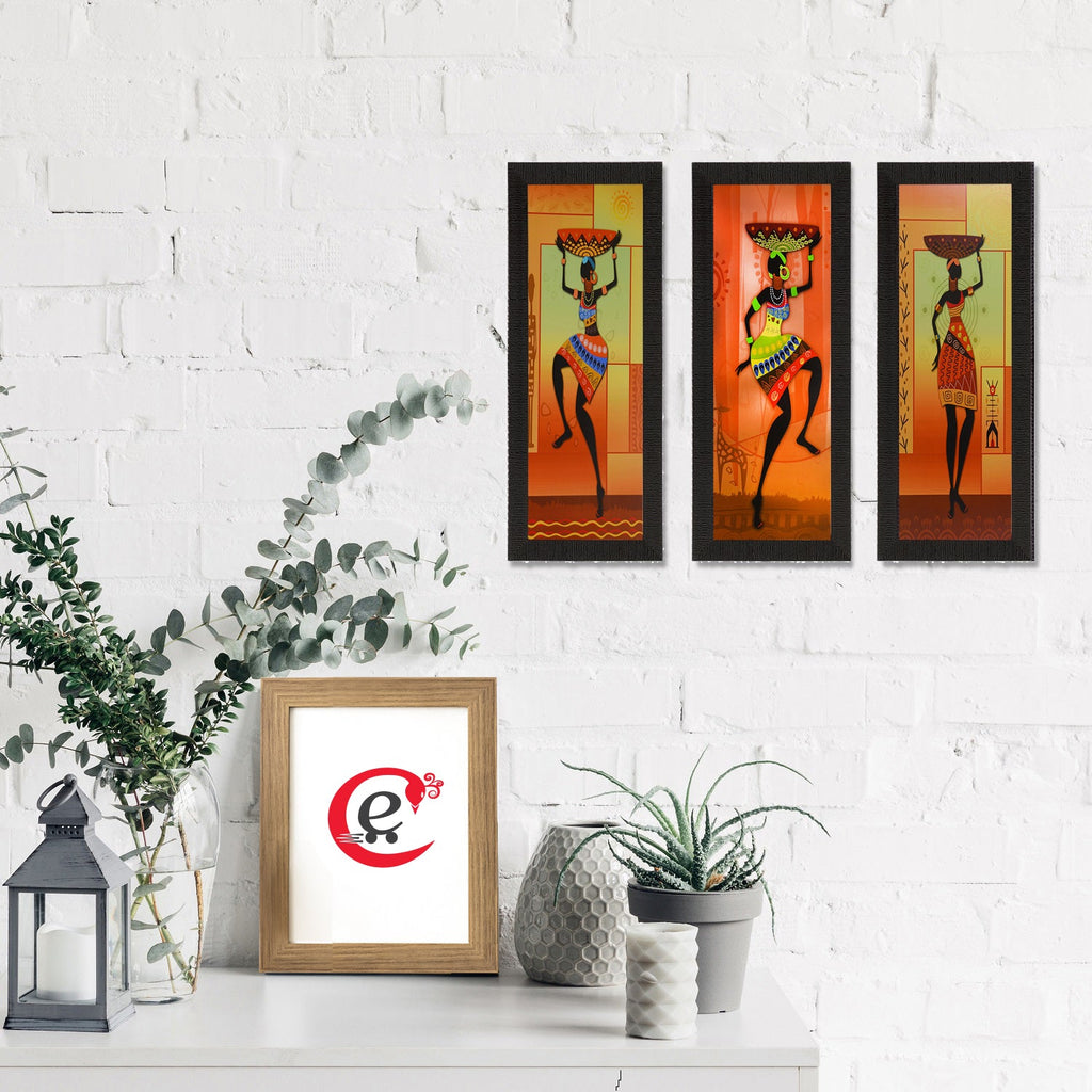 Set Of 3 Tribal Ladies Satin Matt Texture UV Art Painting Kafalo