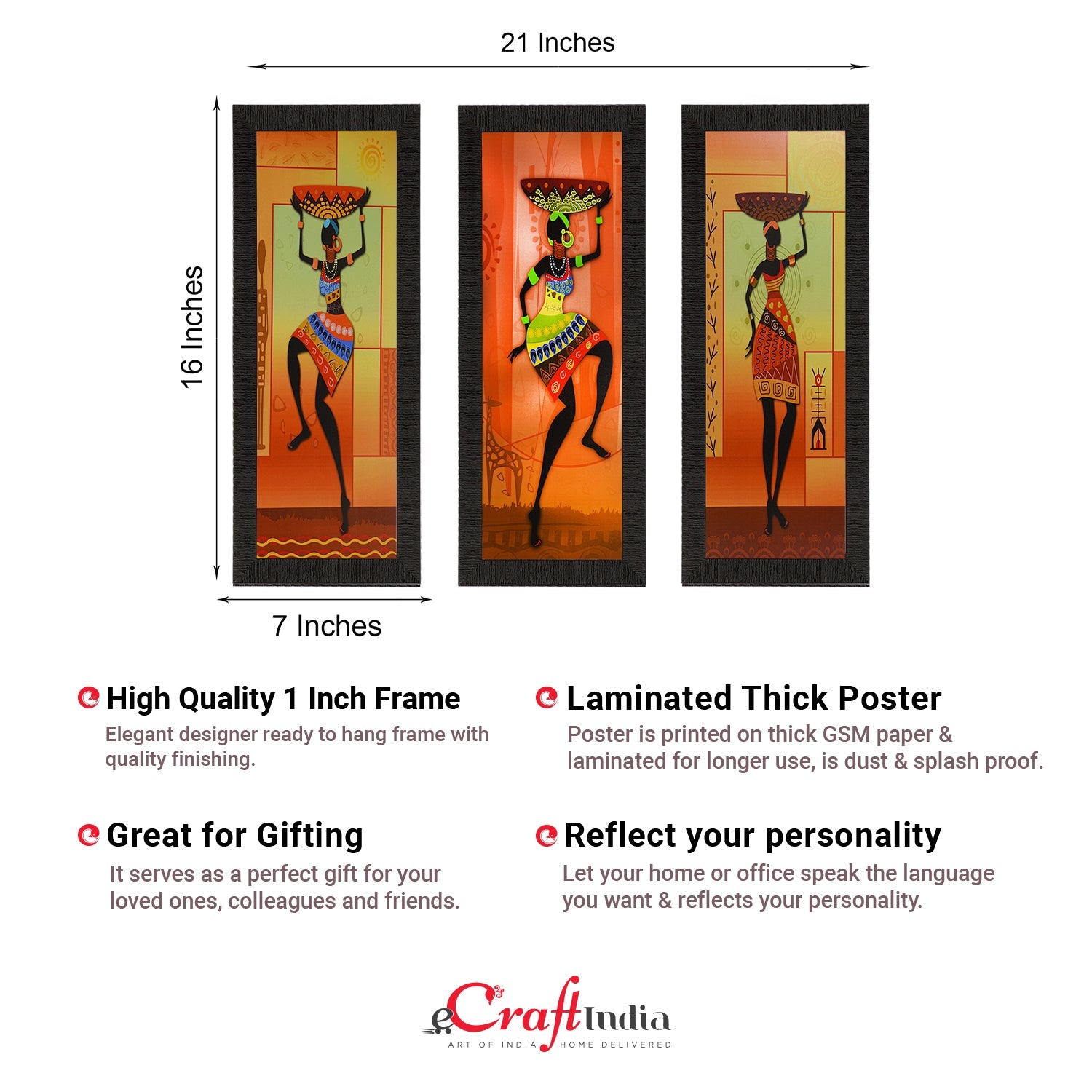 Set Of 3 Tribal Ladies Satin Matt Texture UV Art Painting Kafalo