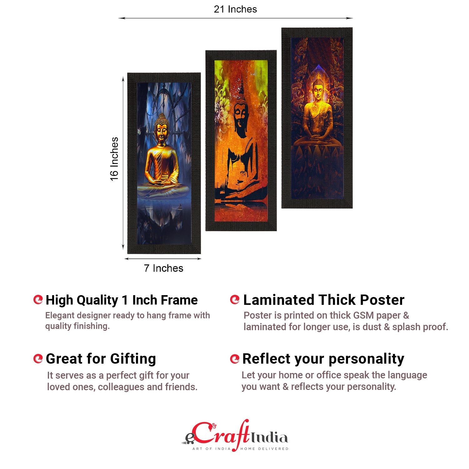 Set Of 3 Meditating Buddha Satin Matt Texture UV Art Painting Kafalo