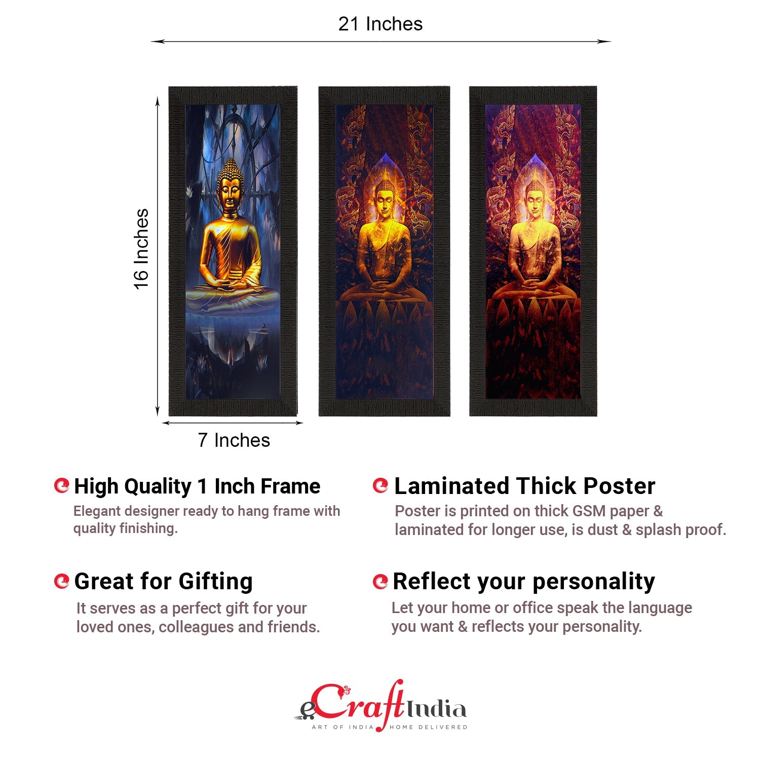 Set Of 3 Lord Buddha Satin Matt Texture UV Art Painting Kafalo