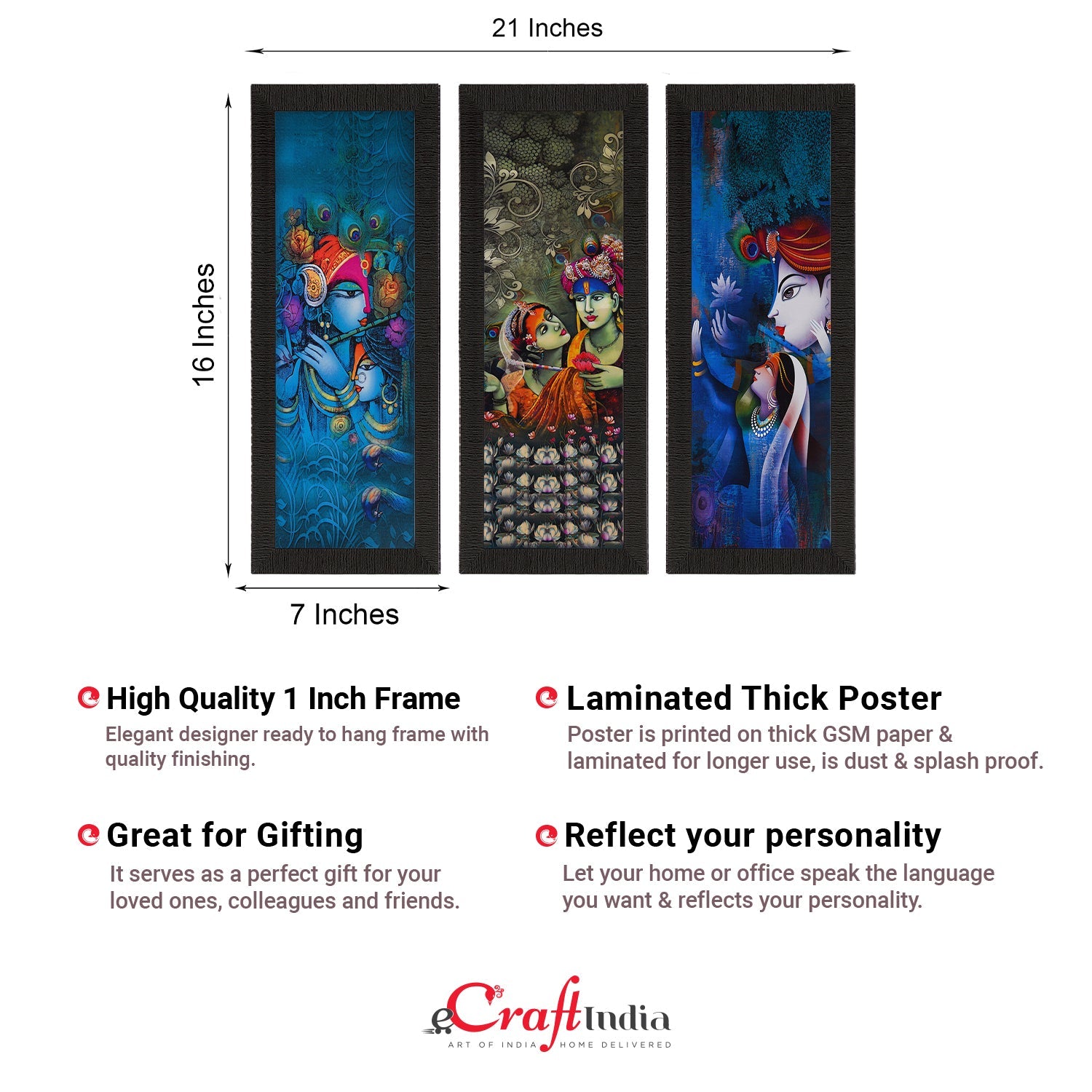 Set Of 3 Radha Krishna Satin Matt Texture UV Art Painting Kafalo