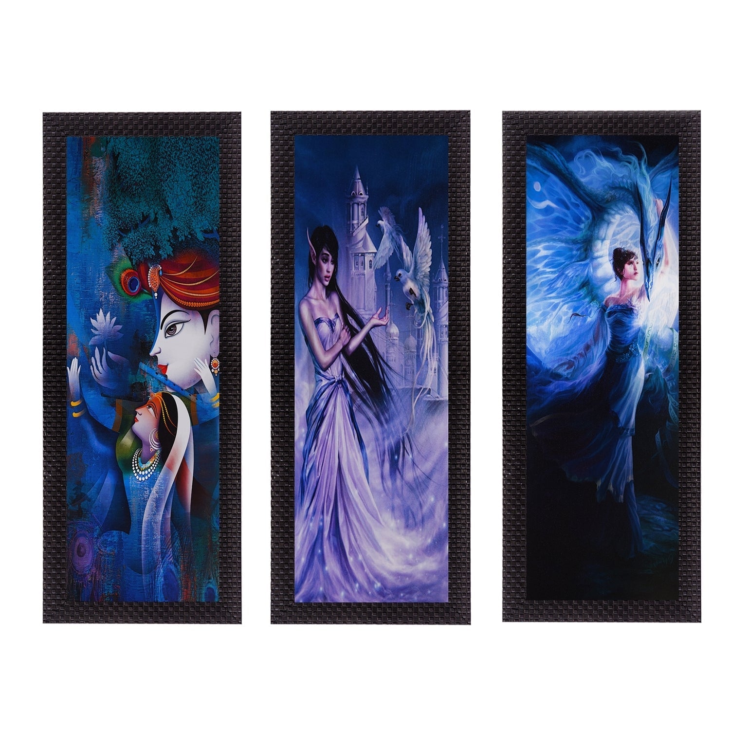 Set Of 3 Radha Krishna & Dancing Angels Satin Matt Texture UV Art Painting Kafalo