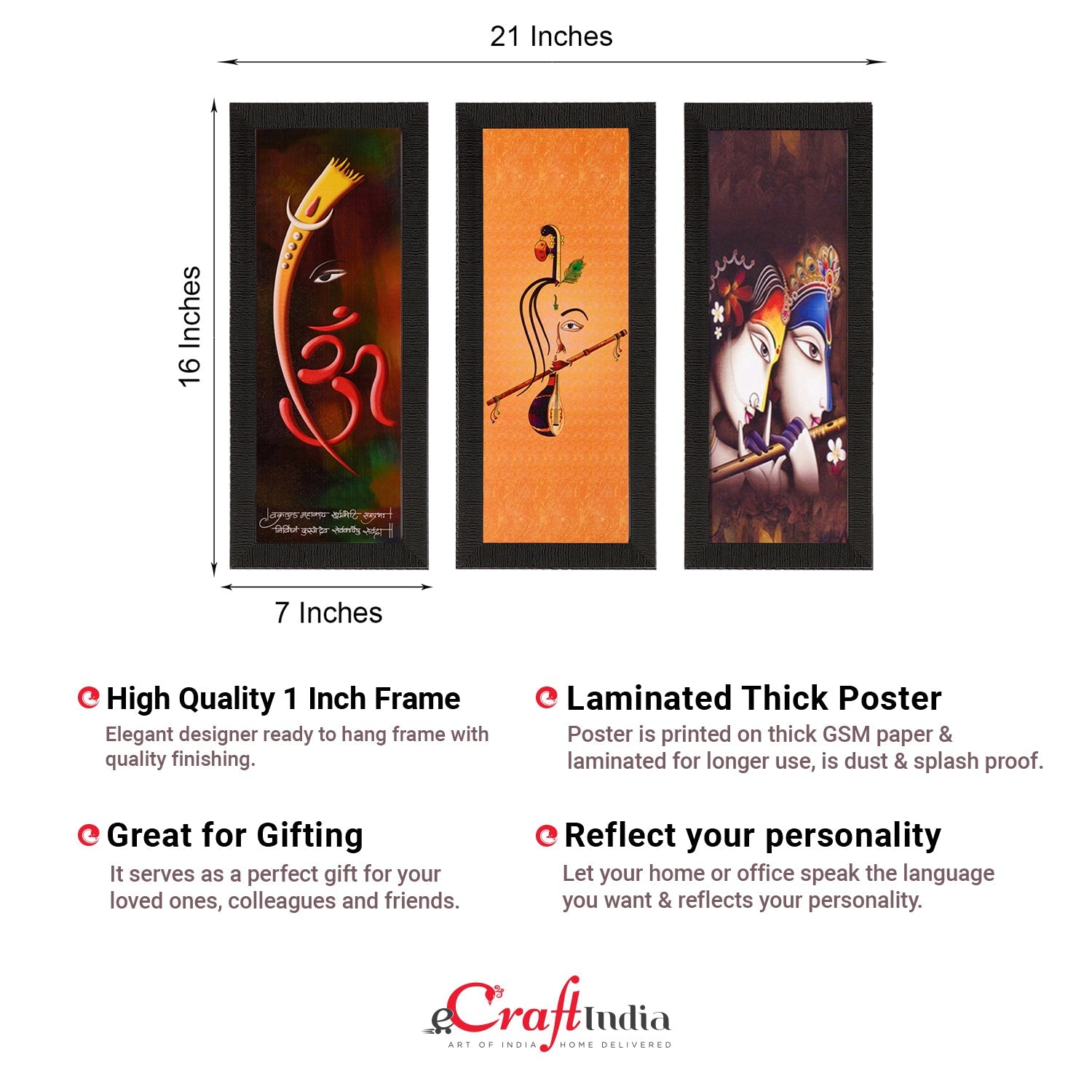 Set Of 3 Radha Krishna & Ganesha Satin Matt Texture UV Art Painting Kafalo