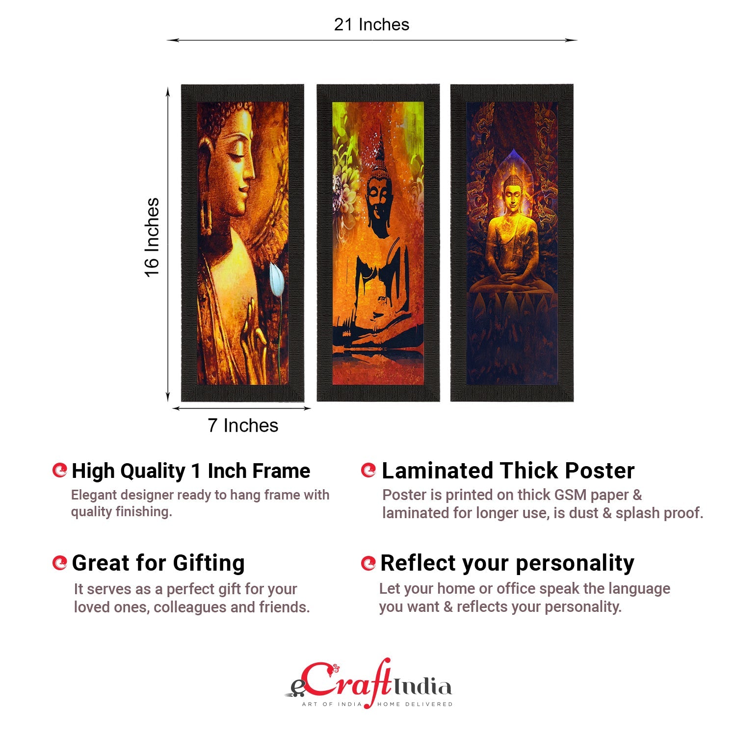 Set Of 3 Lord Buddha Satin Matt Texture UV Art Painting Kafalo