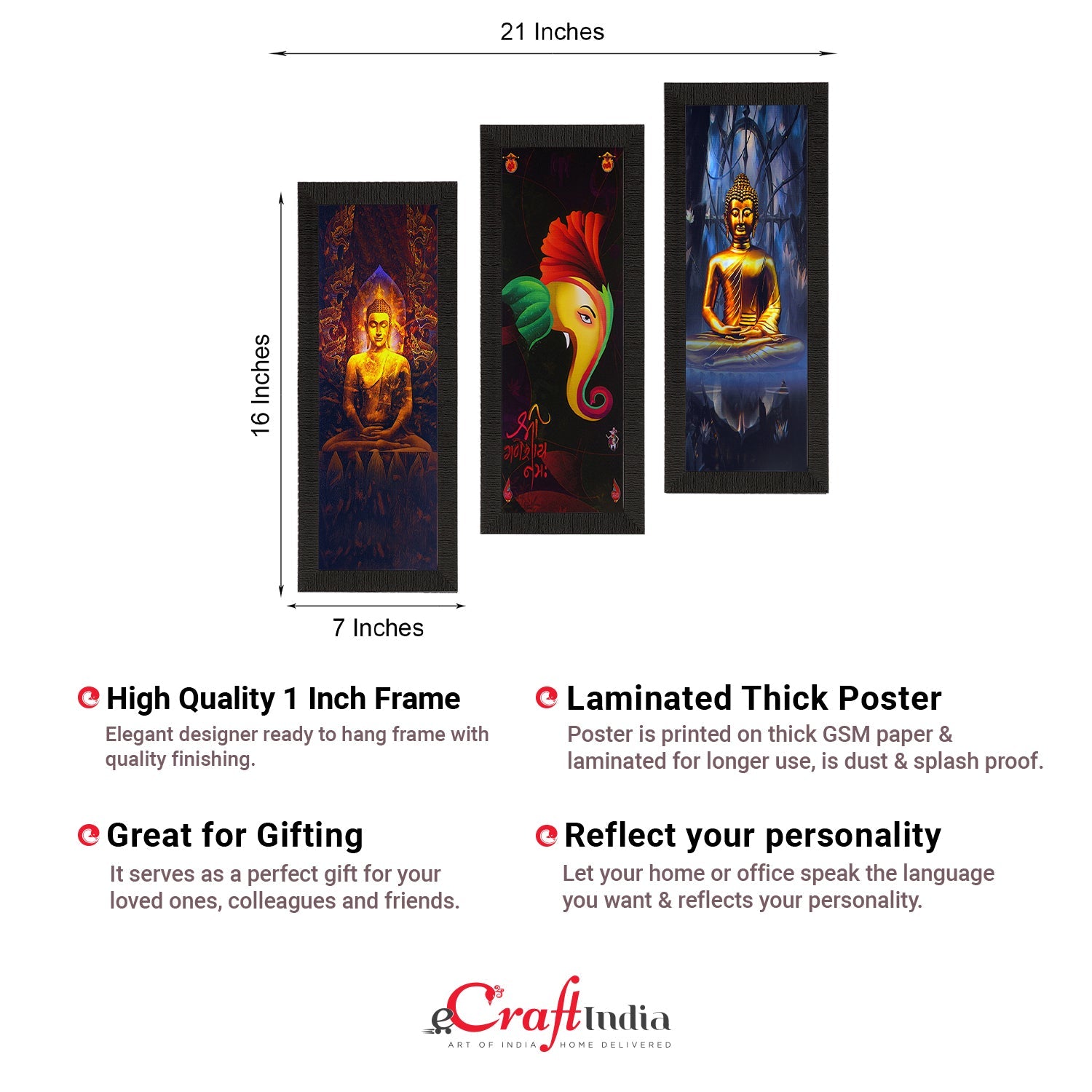 Set Of 3 Ganesha & Buddha Satin Matt Texture UV Art Painting Kafalo