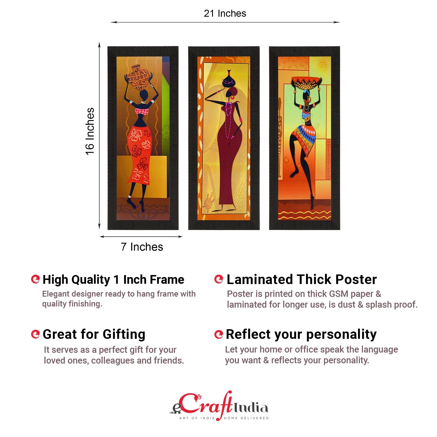 Set Of 3 Tribal Ladies Satin Matt Texture UV Art Painting Kafalo
