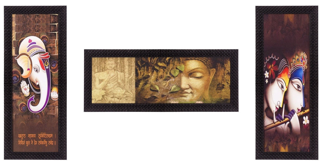 Set Of 3 Radha Krishna, Ganesha, Buddha Satin Matt Texture UV Art Painting Kafalo