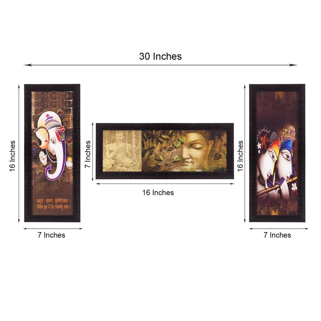 Set Of 3 Radha Krishna, Ganesha, Buddha Satin Matt Texture UV Art Painting Kafalo