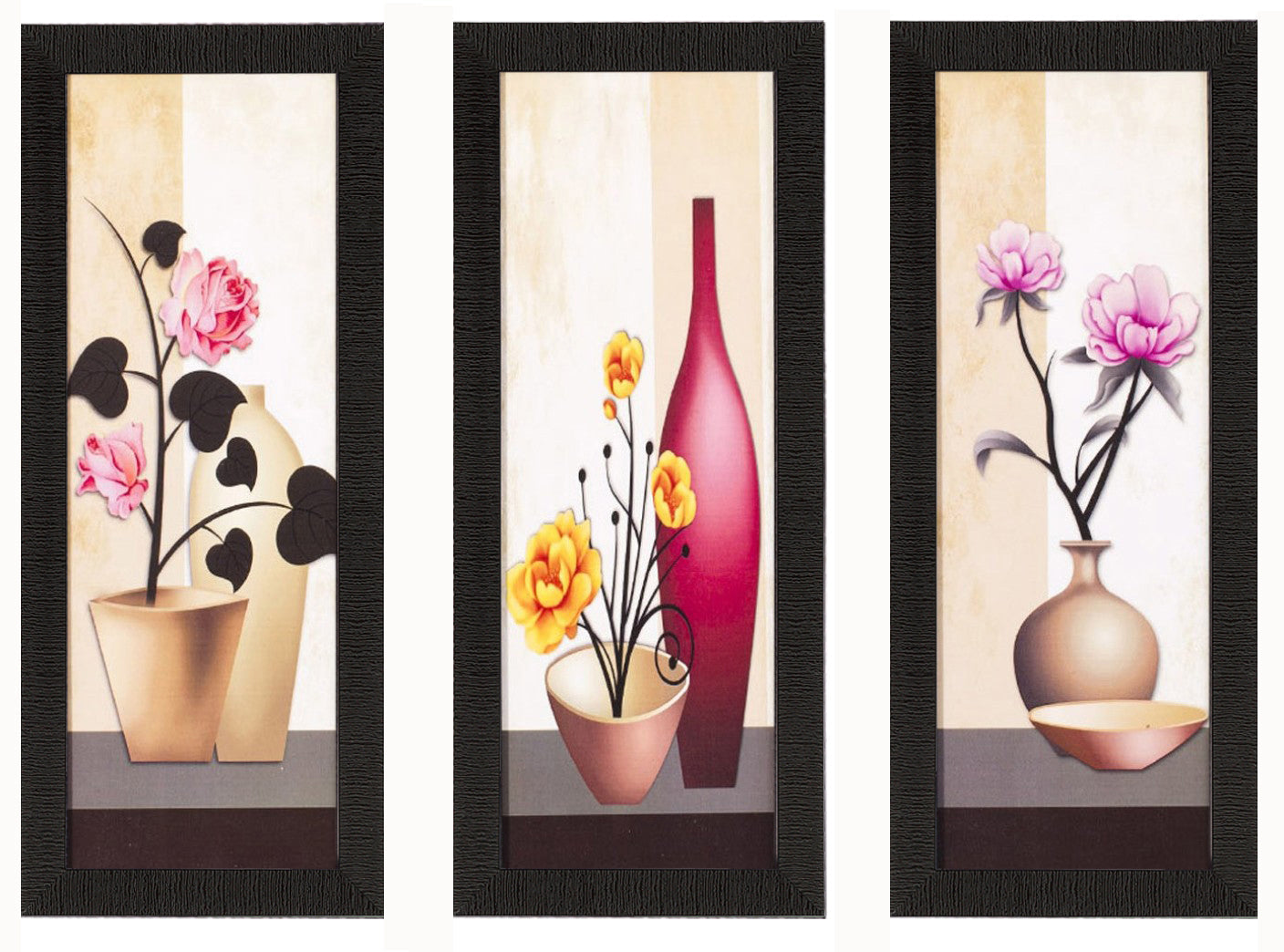 Set Of 3 Decorative Floral Botanical Pot Satin Matt Texture UV Art Painting Kafalo