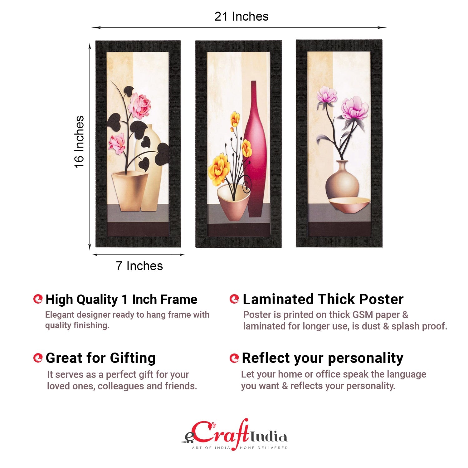 Set Of 3 Decorative Floral Botanical Pot Satin Matt Texture UV Art Painting Kafalo