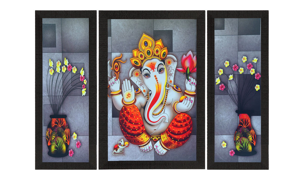 Set Of 3 Lord Ganesha and Flora Satin Matt Texture UV Art Painting Kafalo